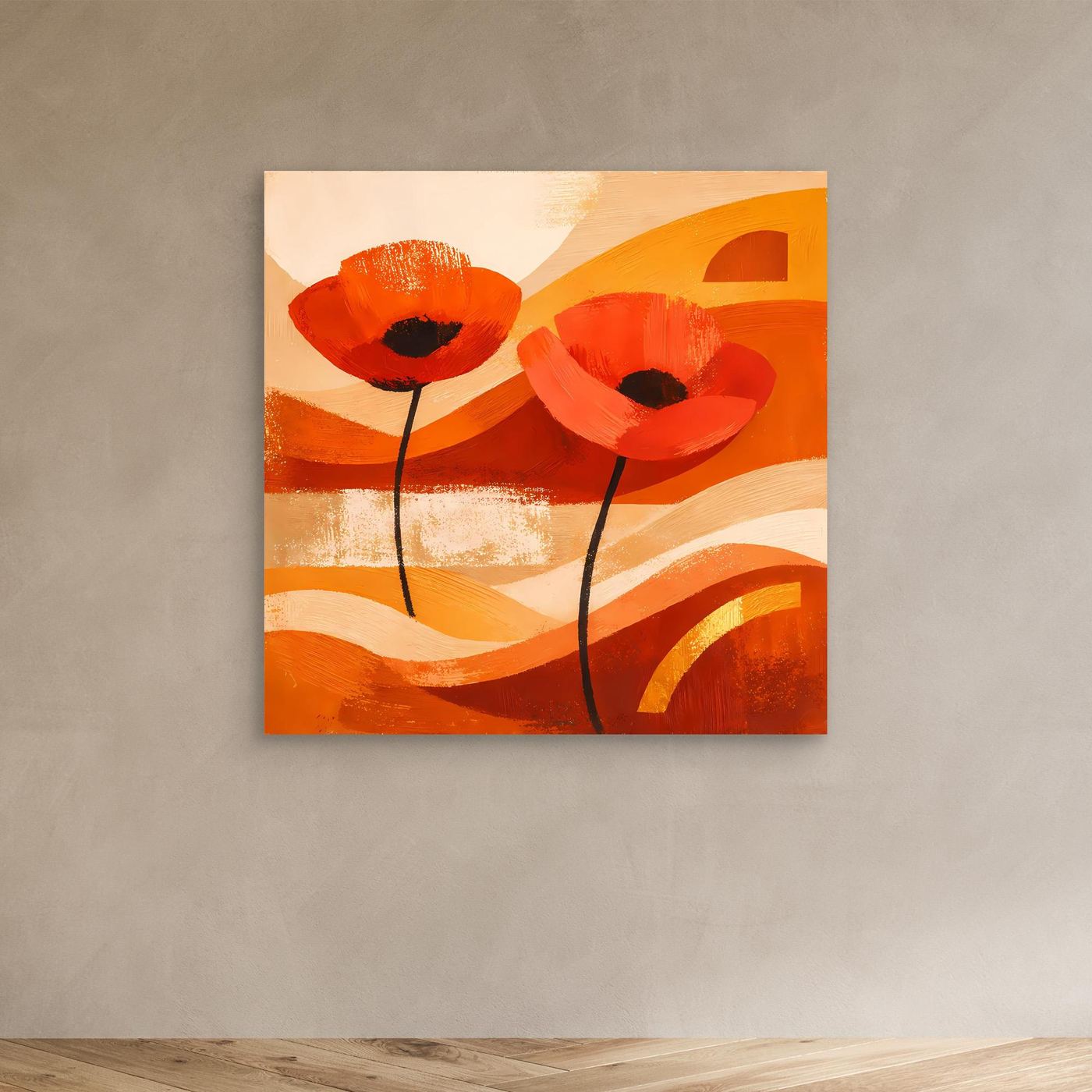 Abstraktes Leinwandbild mit orangefarbenen Mohnblüten, ohne Rahmen