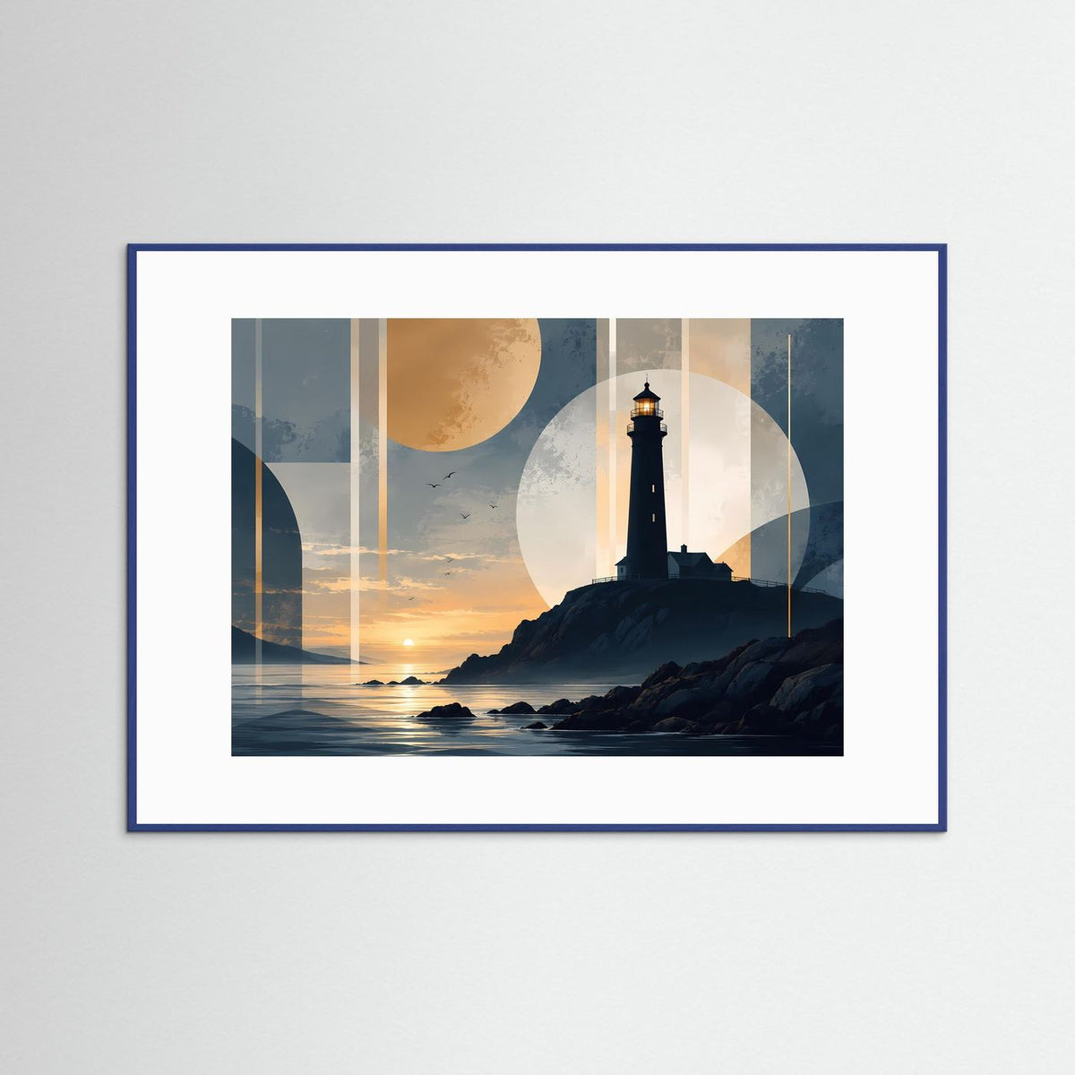 Wandposter mit Leuchtturm an der Küste, geometrische Kreise, blauer Rahmen und weißes Passepartout