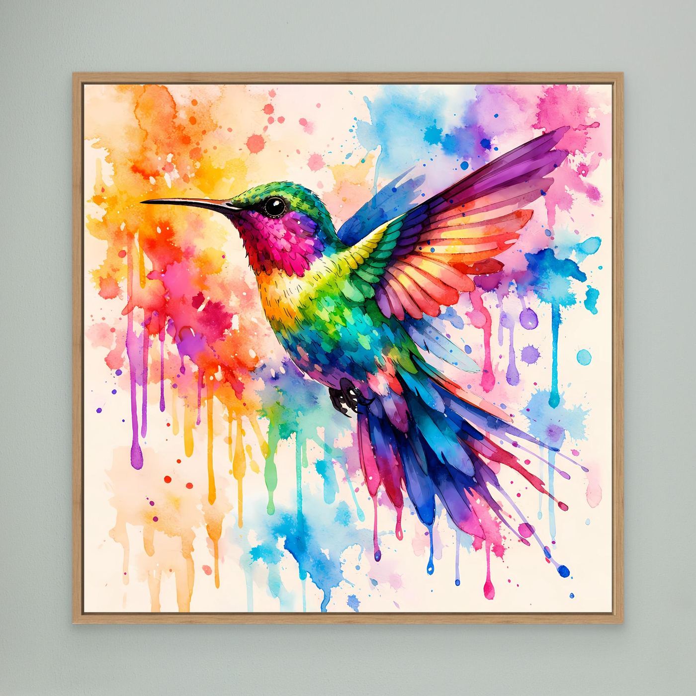 Leinwandbild Kolibri, Nahansicht im Aquarell mit hellem Holzrahmen