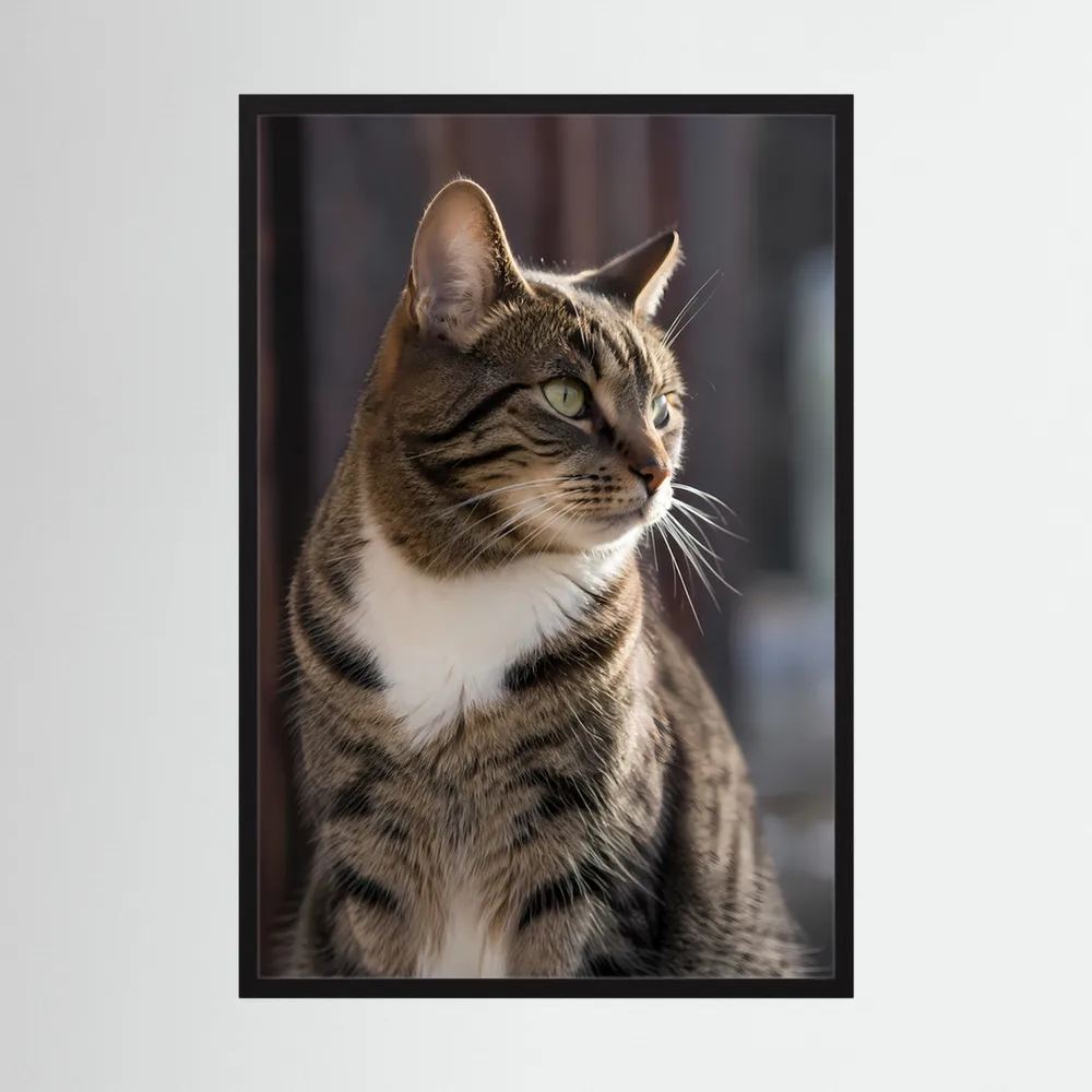 Poster mit getigerter Katze im Hochformat, schwarze Einfassung