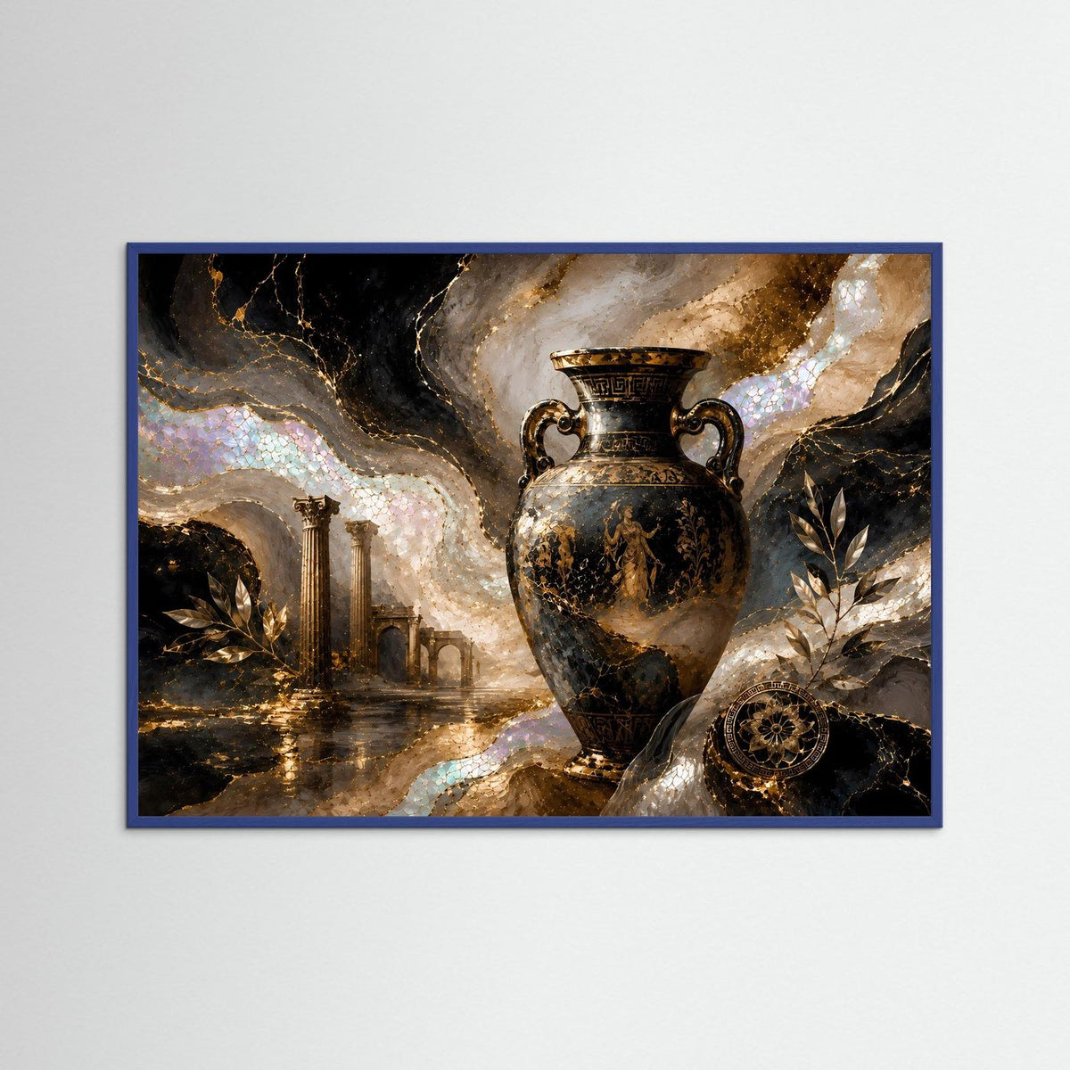 Bild mit antiker Amphore in Schwarz und Gold, blauer Rahmen
