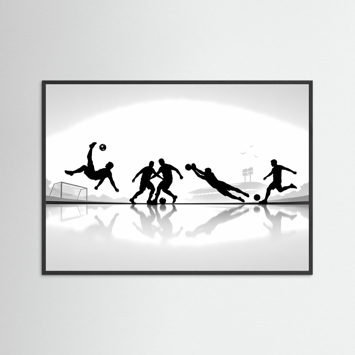 Fußball-Poster im schwarzen Rahmen mit schwarzweißen Spieler-Silhouetten, Querformat