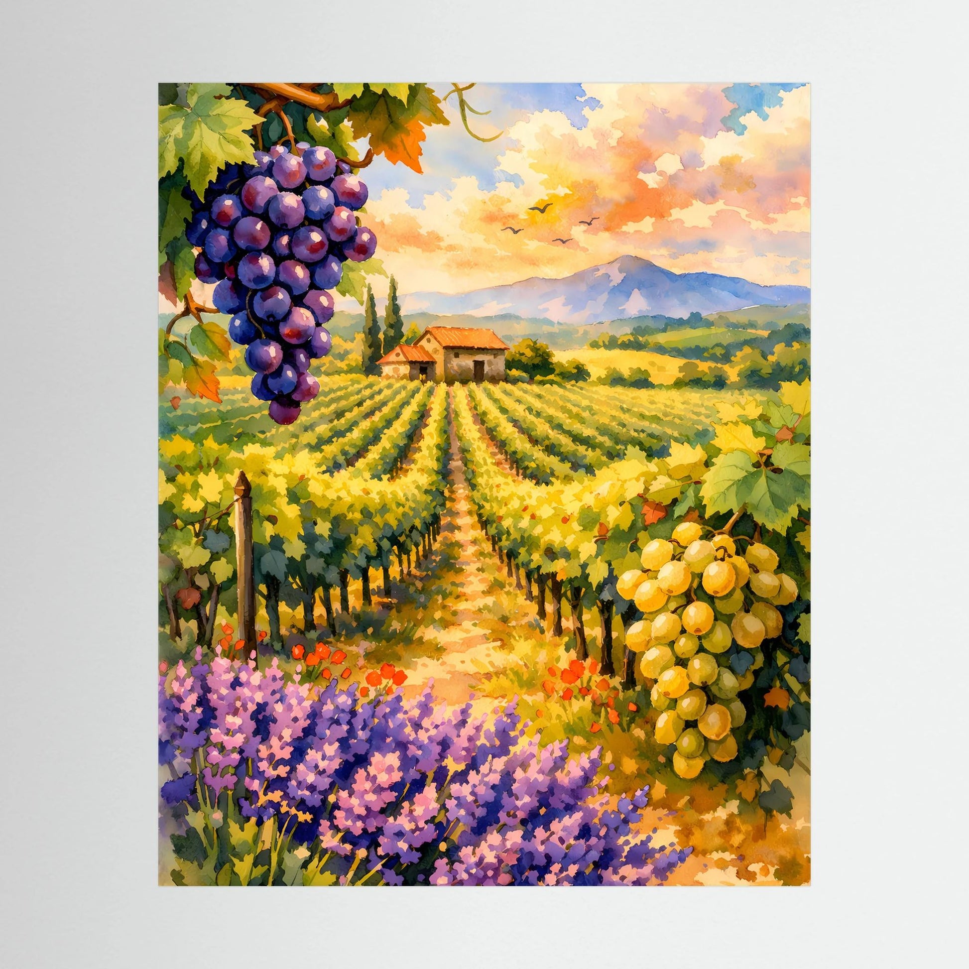 Hochformat-Poster mit Weinberg, lila und gelben Trauben, Lavendelblüten und Landschaft