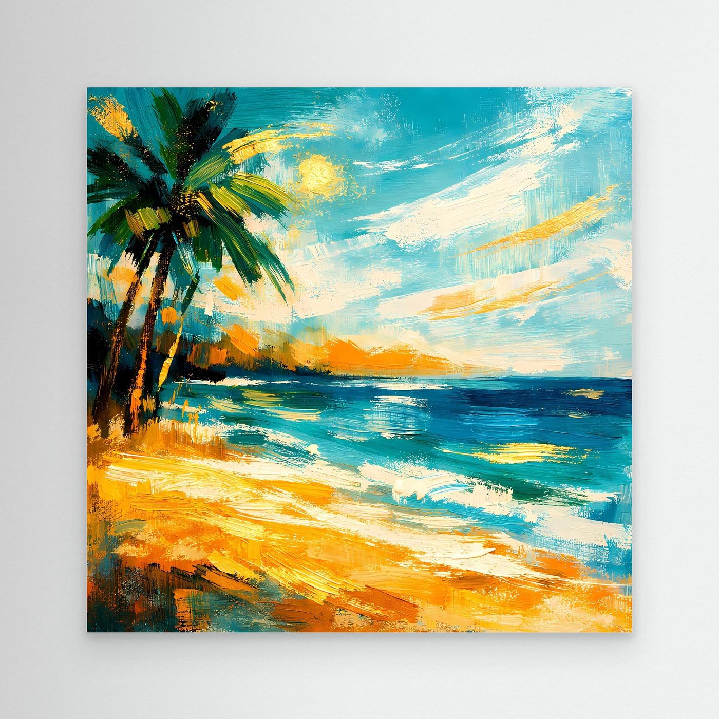 Leinwandbild mit abstraktem Palmenzweig, türkisblauem Meer und gelbem Strand, ohne Rahmen