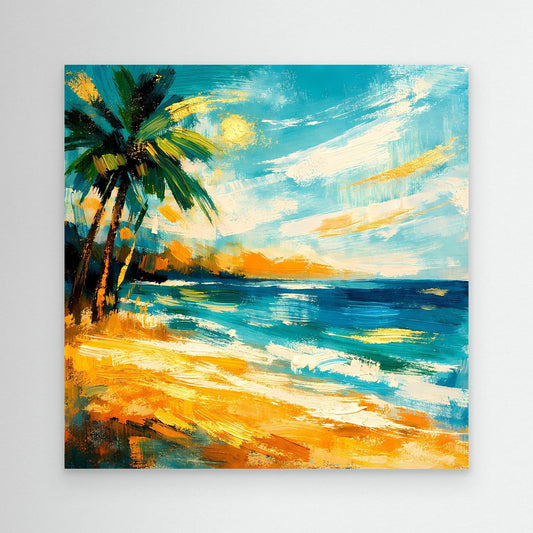 Leinwandbild mit abstraktem Palmenzweig, türkisblauem Meer und gelbem Strand, ohne Rahmen