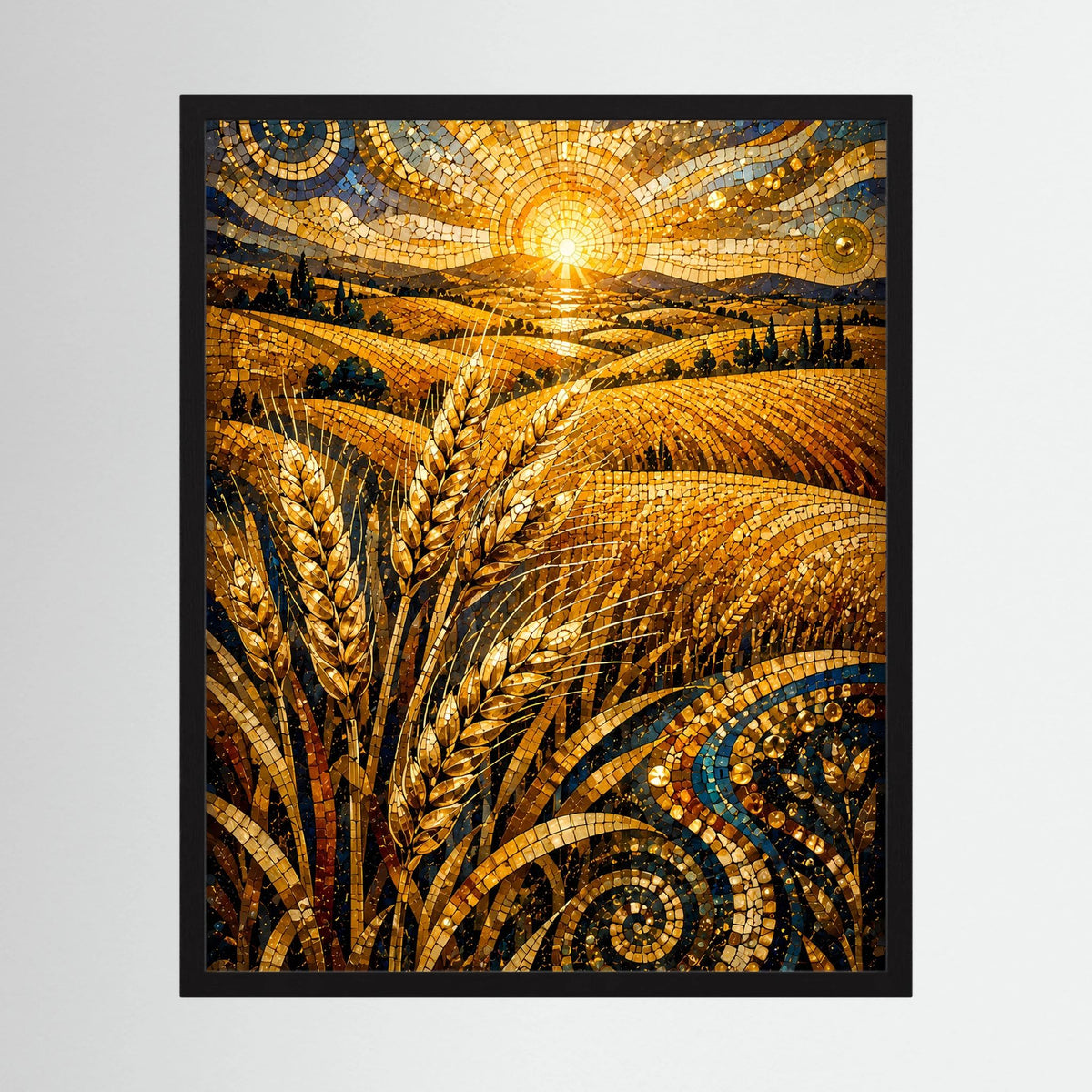 Gerahmtes Poster im Hochformat mit goldenen Weizenähren-Mosaik und Sonne im Zentrum