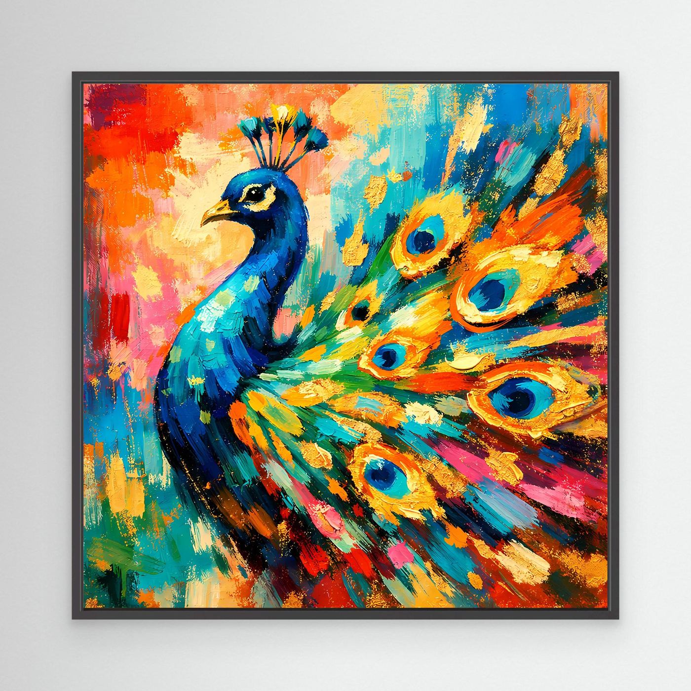 Leinwandbild mit abstraktem Pfau, bunte Pinselstriche, schwarzer Rahmen