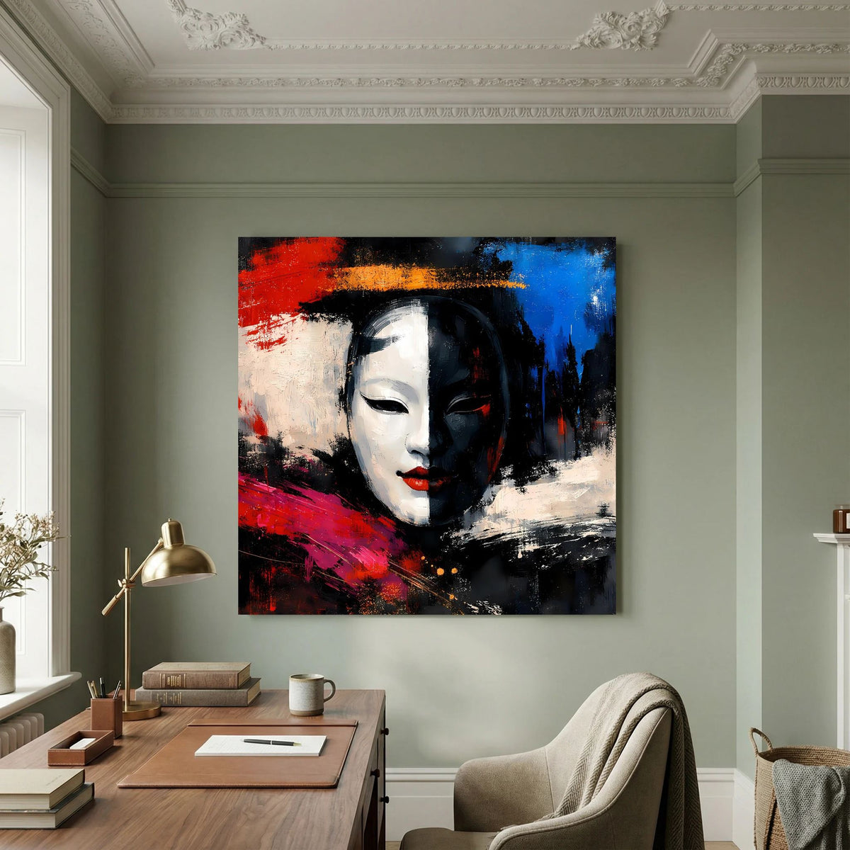 Abstraktes Leinwandbild mit Geisha-Maske: weißes Gesicht, schwarze Haare, rot-blaues Spritzdesign