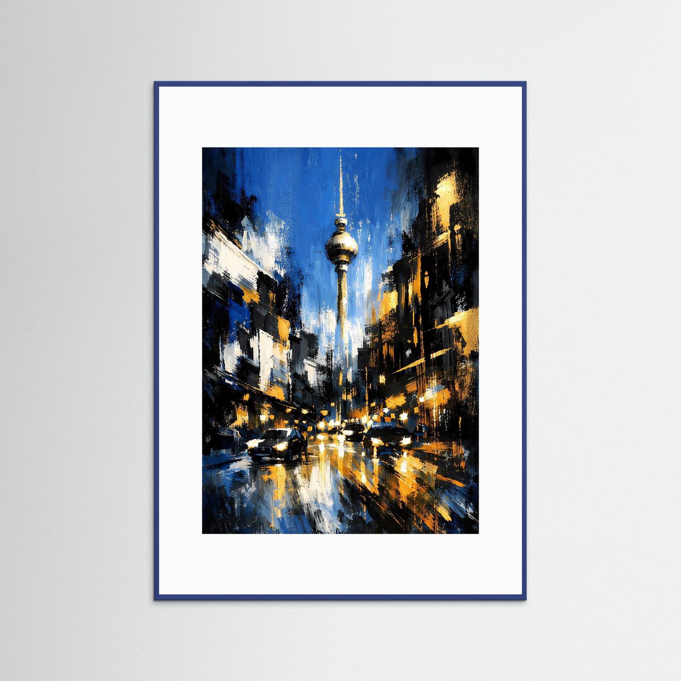 Hochformatiges Poster mit abstrakter Stadtansicht und Fernsehturm, blaue Holzrahmung