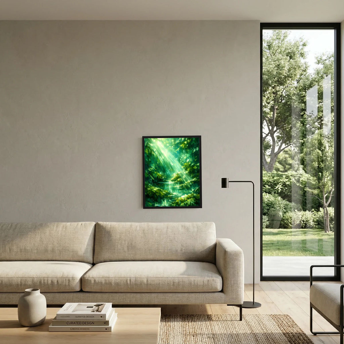 Gerahmtes Hochformat-Wandposter mit grünem Waldsee und Sonnenstrahlen