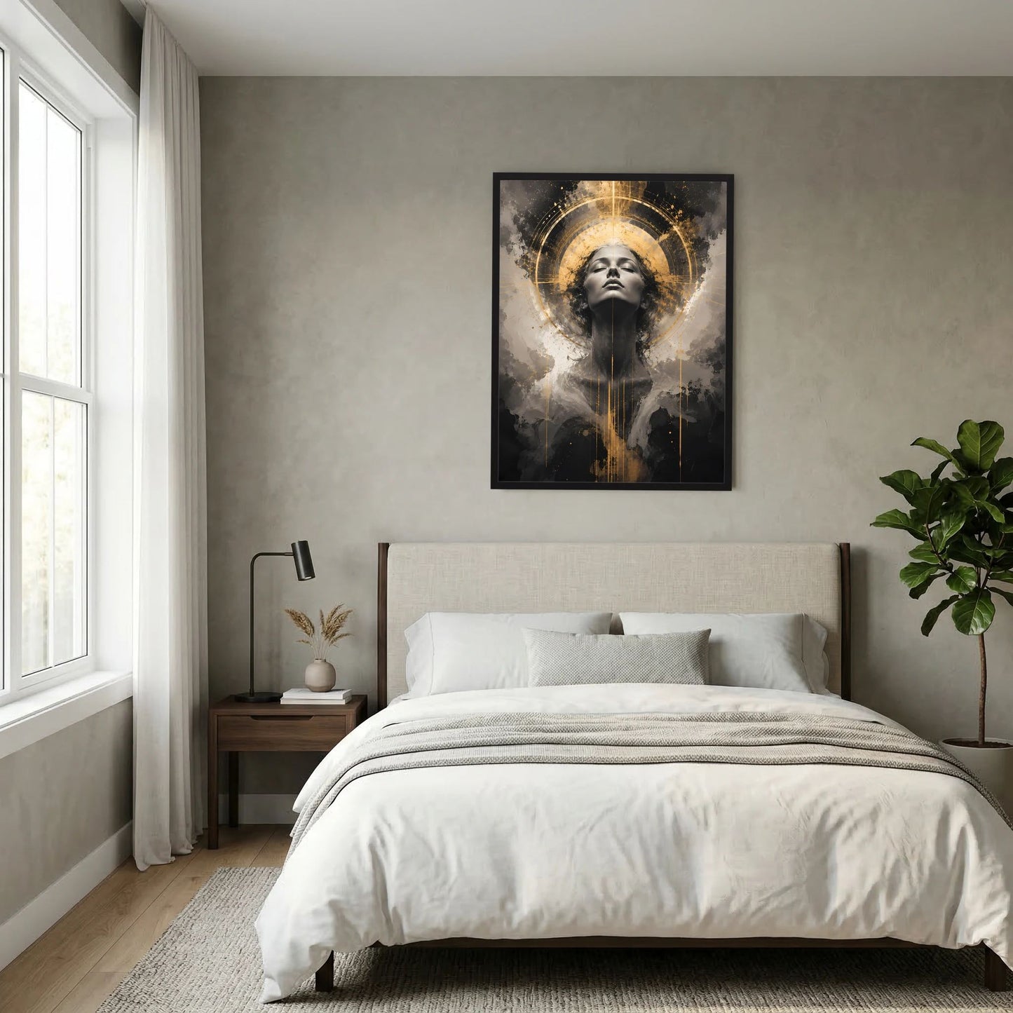 Hochformatiges Poster mit abstraktem Frauenporträt in Schwarz und Gold, goldener Kreis, im schwarzen Rahmen