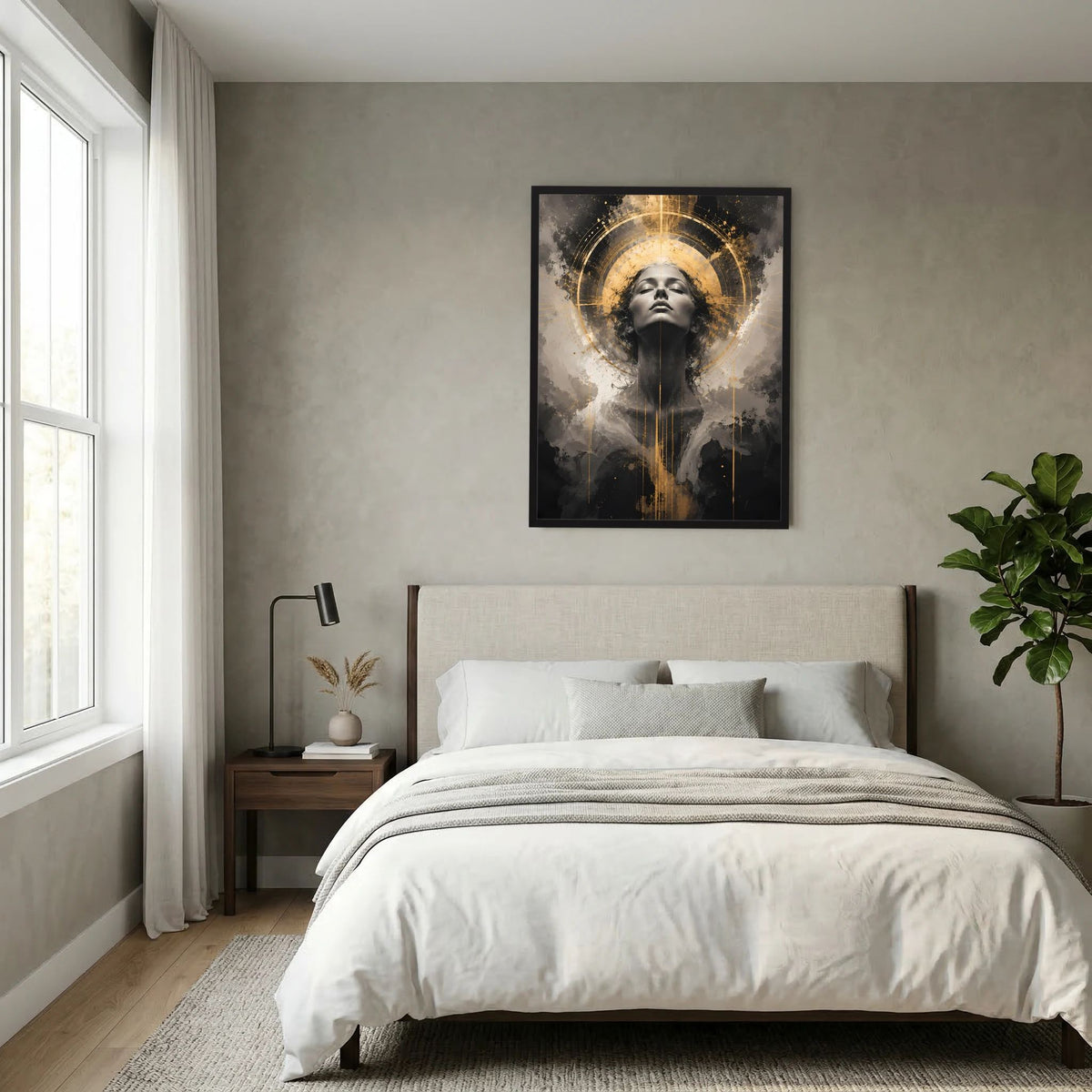 Hochformatiges Poster mit abstraktem Frauenporträt in Schwarz und Gold, goldener Kreis, im schwarzen Rahmen