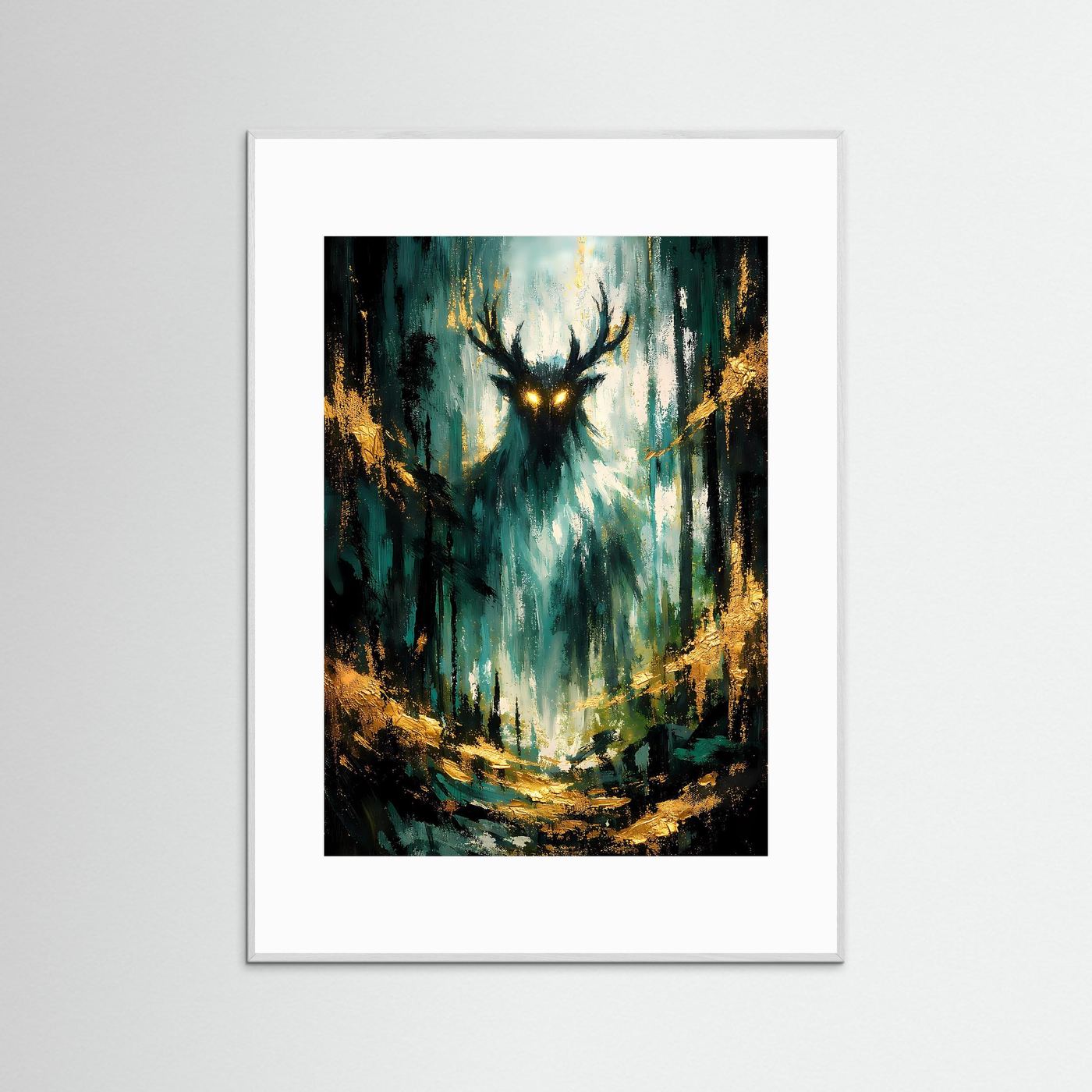 Hochformatiges Waldgeist-Kunstposter mit weißem Rahmen und weißem Passepartout