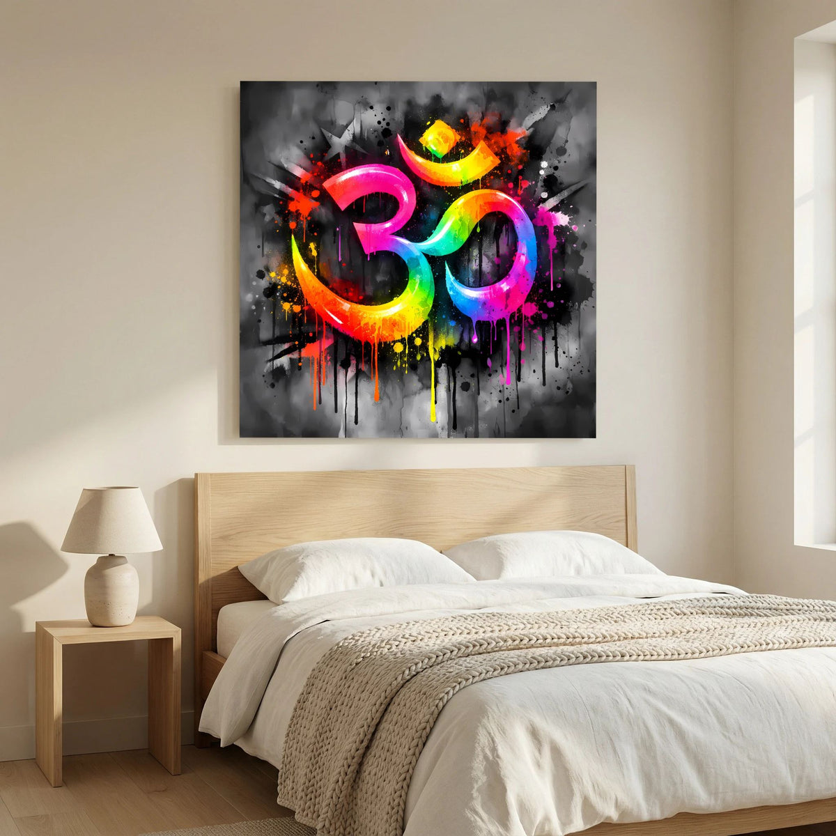 Leinwandbild: Om-Symbol auf Keilrahmen, Regenbogenfarben mit dunklen Spritz-Highlights.