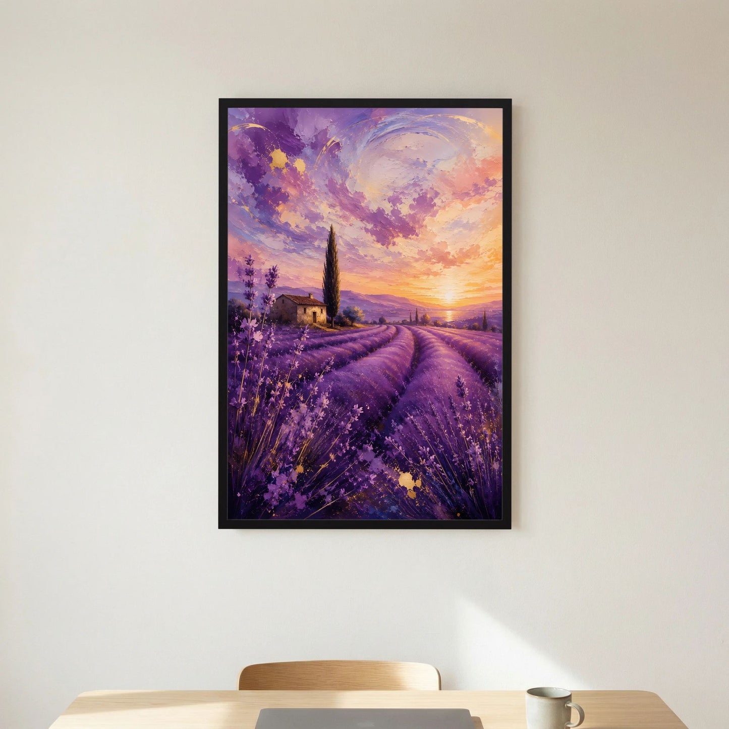 Hochformat-Poster Lavendelfeld bei Sonnenuntergang, Haus und Zypresse, violett-gold, schwarzer Rahmen