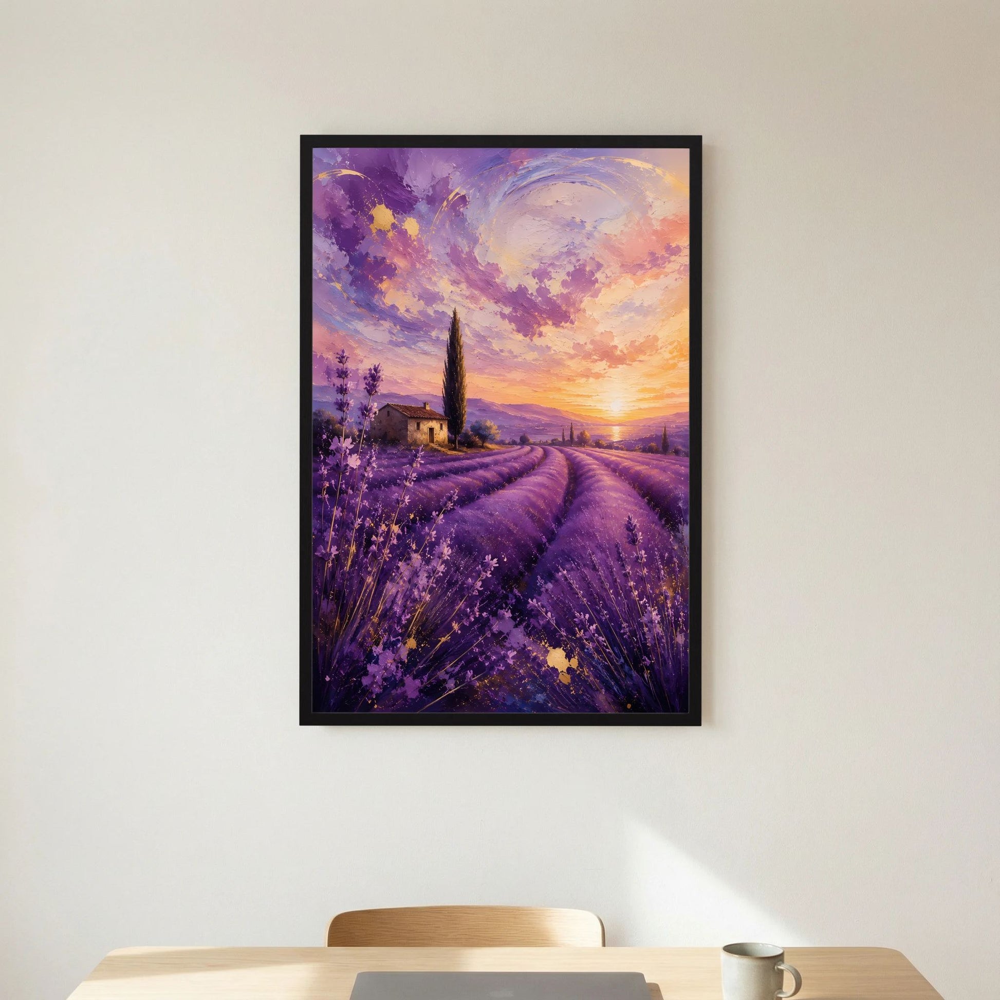 Hochformat-Poster Lavendelfeld bei Sonnenuntergang, Haus und Zypresse, violett-gold, schwarzer Rahmen