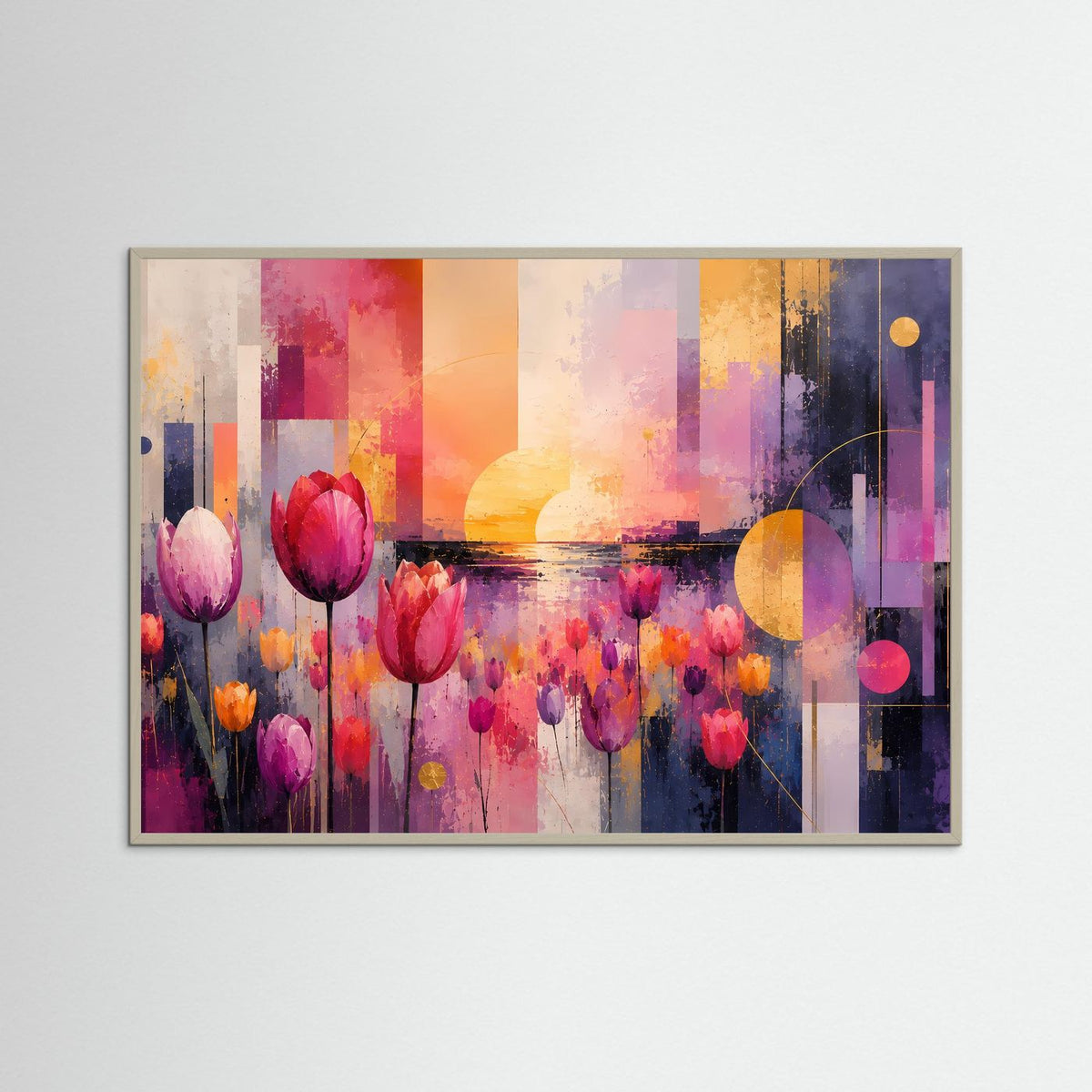 Abstraktes Tulpenfeld-Poster im hellen Rahmen, Querformat, Tulpen in Pink und Violett