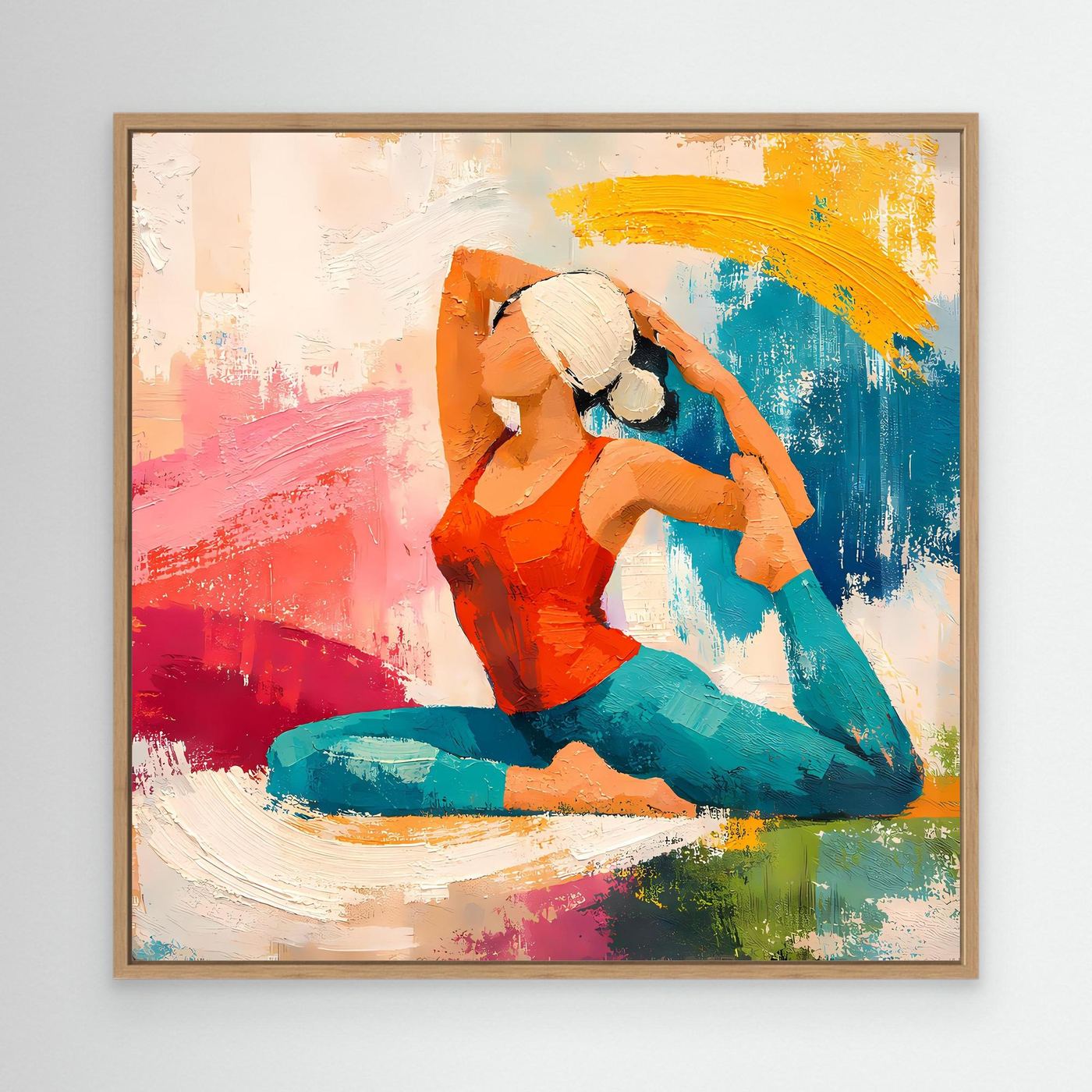 Leinwand-Wandbild mit abstrakter Yoga-Figur, kniende Frau im Farbauftrag, brauner Rahmen