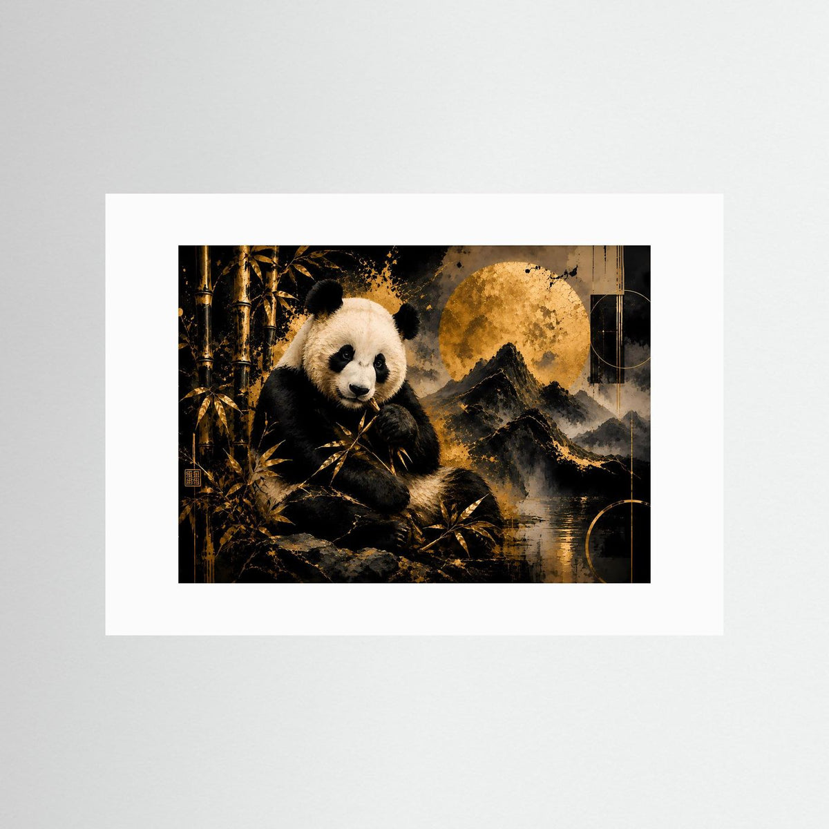 Poster im Querformat mit Panda und Bambus, ohne Rahmen, mit weißem Passepartout
