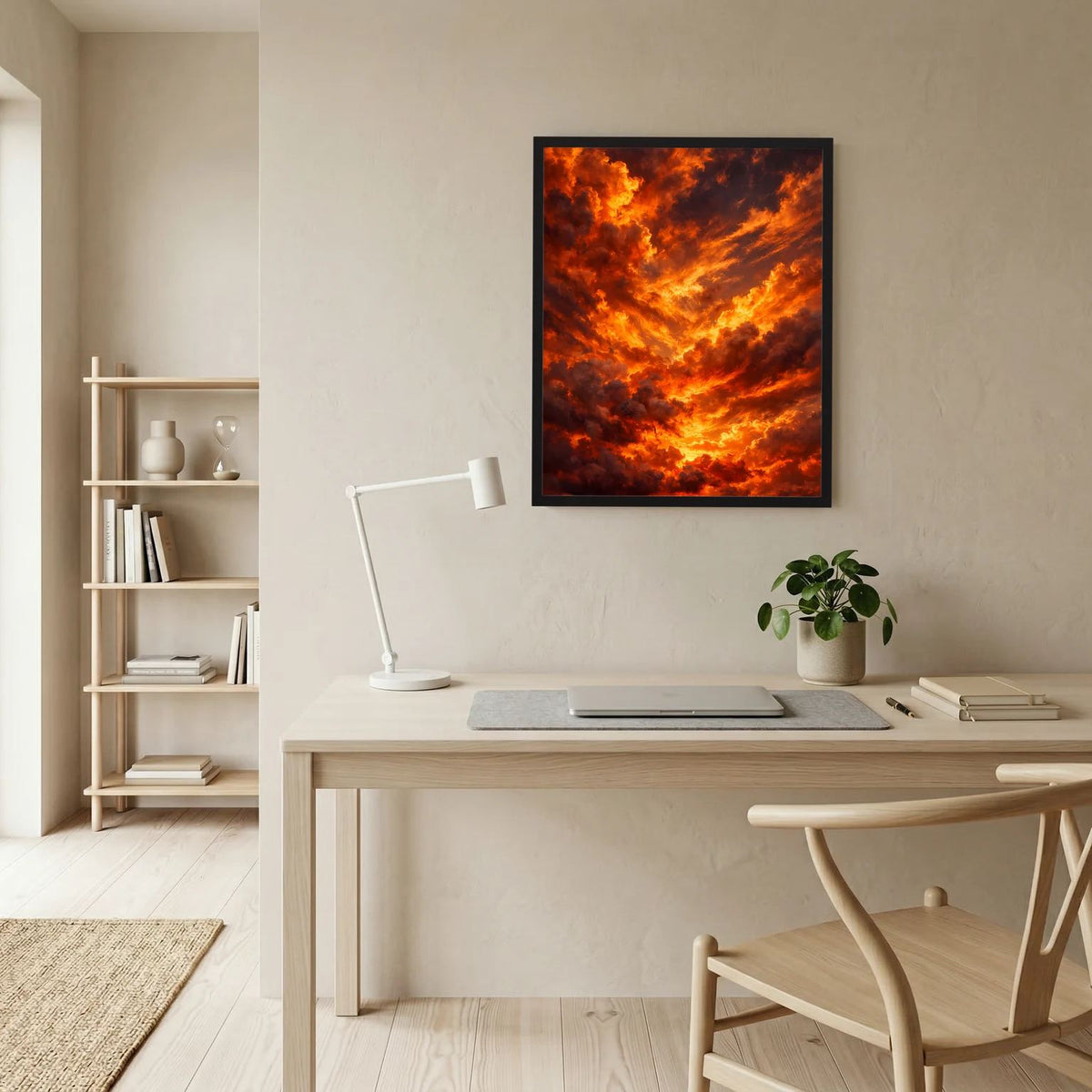 Quadratisches Wandbild mit leuchtenden Wolken in Orange und Rot, schwarzer Rahmen