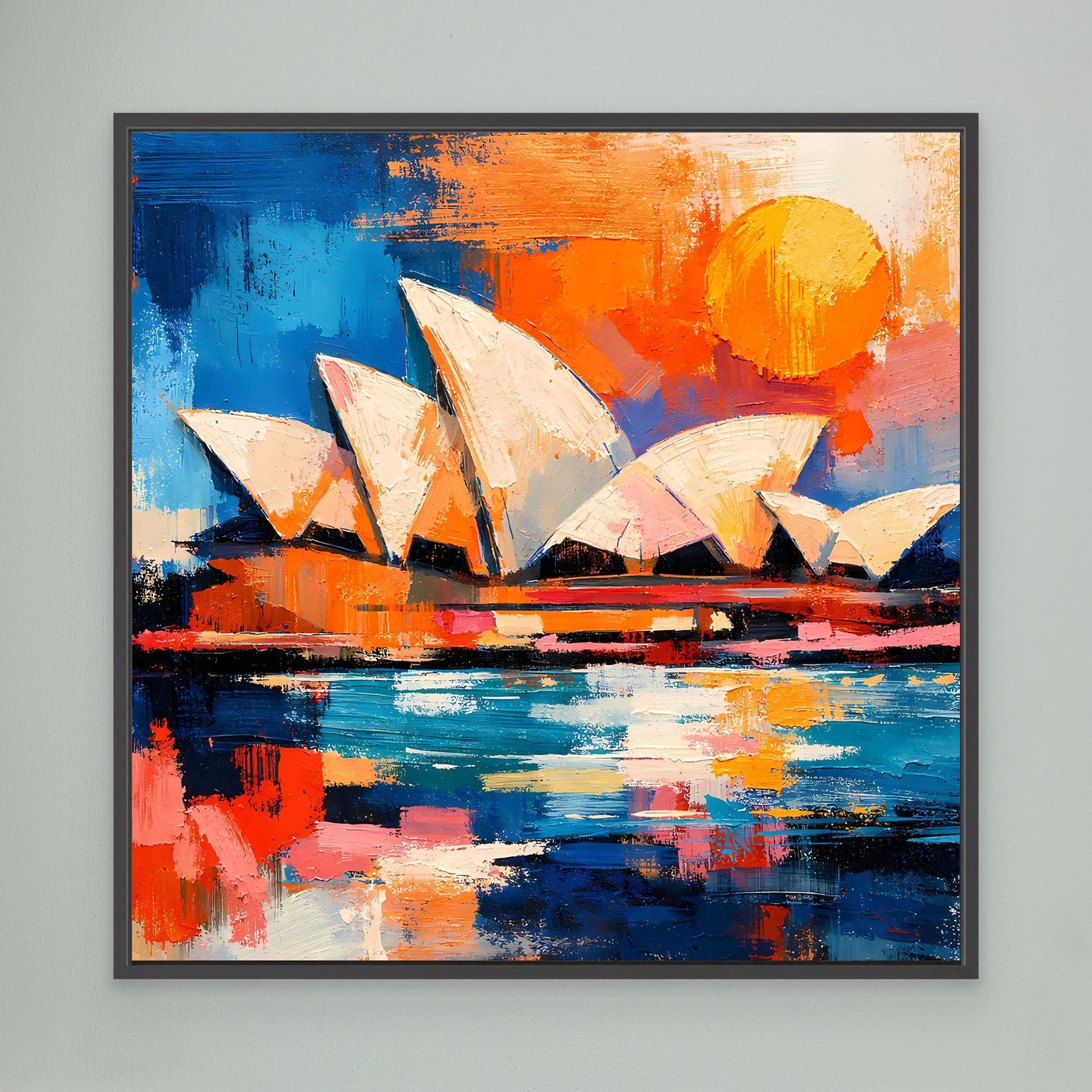 Abstract architecture wall art print with black frame, blue and orange harbor with sail forms