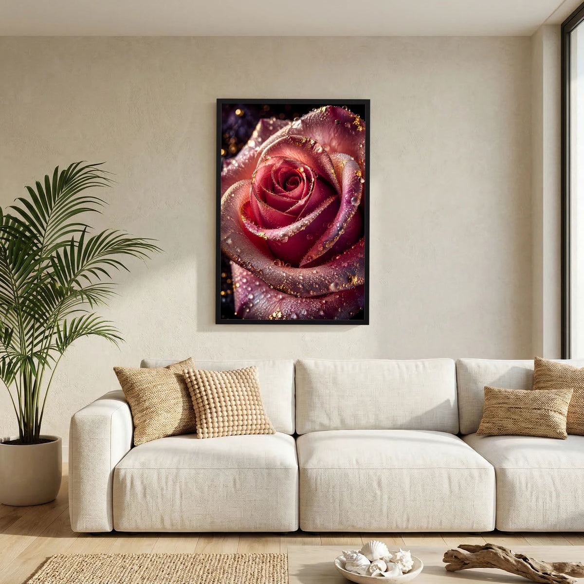 Hochformat-Poster mit roter Rose, Goldakzenten und Wassertropfen im schwarzen Rahmen