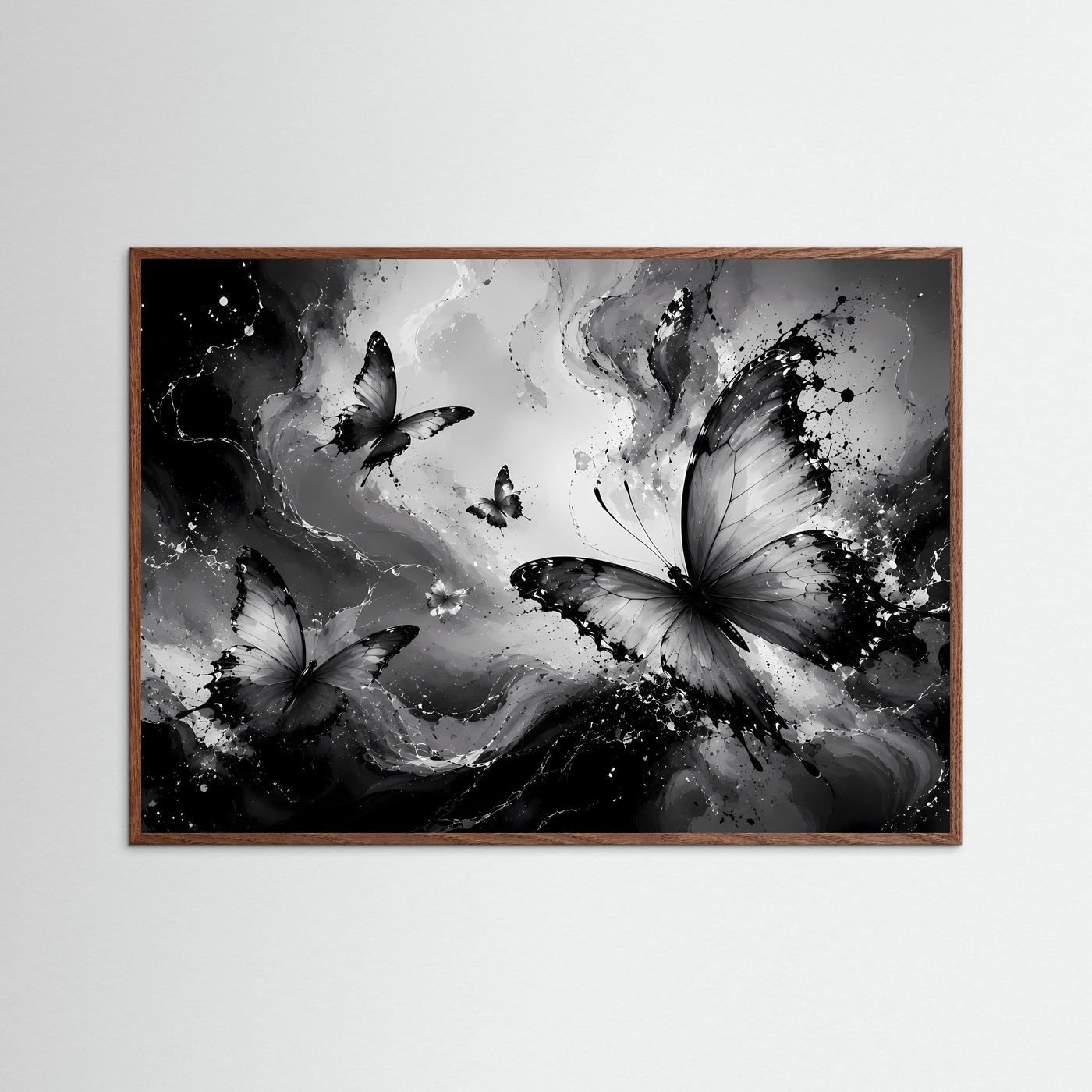 Schmetterlinge Schwarz Weiß Poster Querformat | Abstrakte Butterfly Wandkunst Modern | Monochrome Leinwandkunst