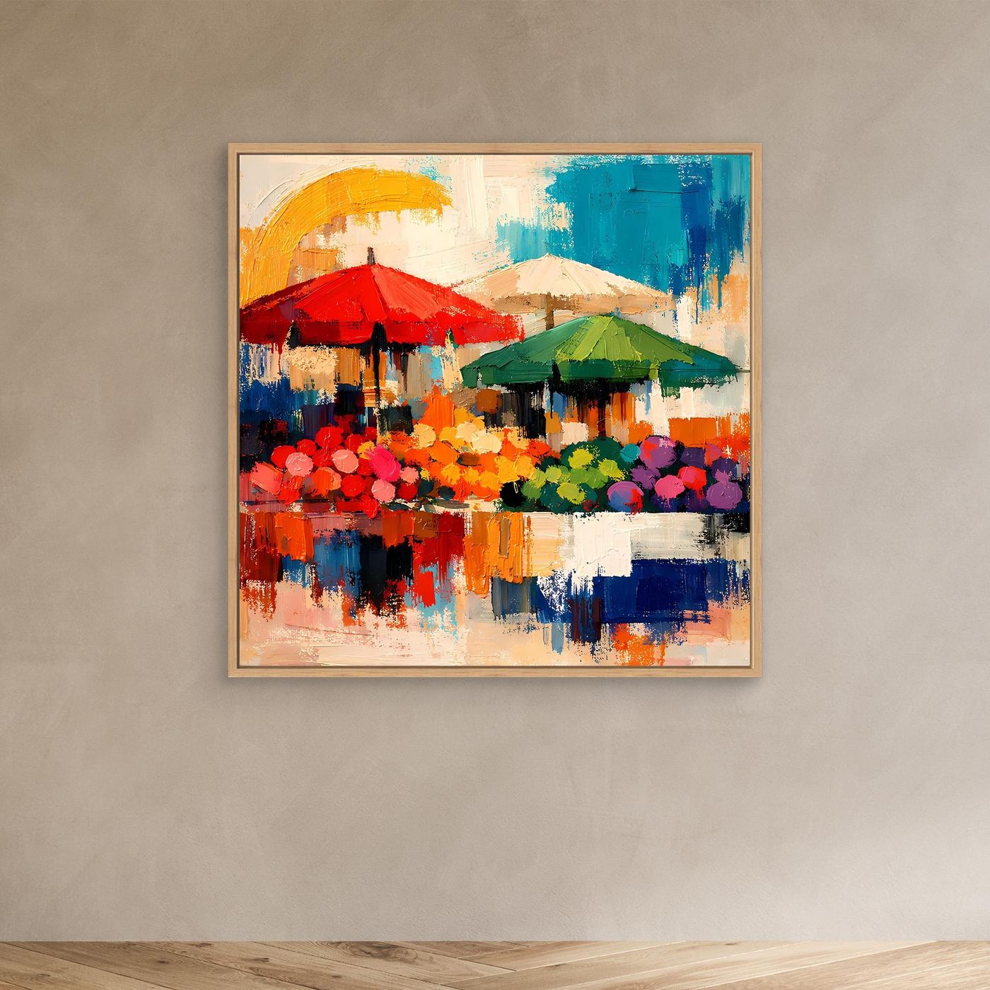Abstraktes Leinwandbild mit Marktständen und Sonnenschirmen, Eichenrahmen