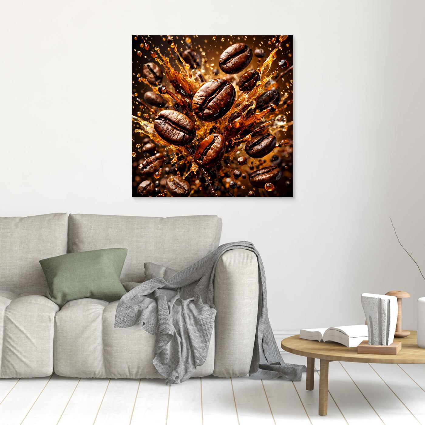 Leinwandbild mit Kaffeebohnen-Splash, braune Bohnen und Spritzer, kleines Format mit schwarzem Rahmen