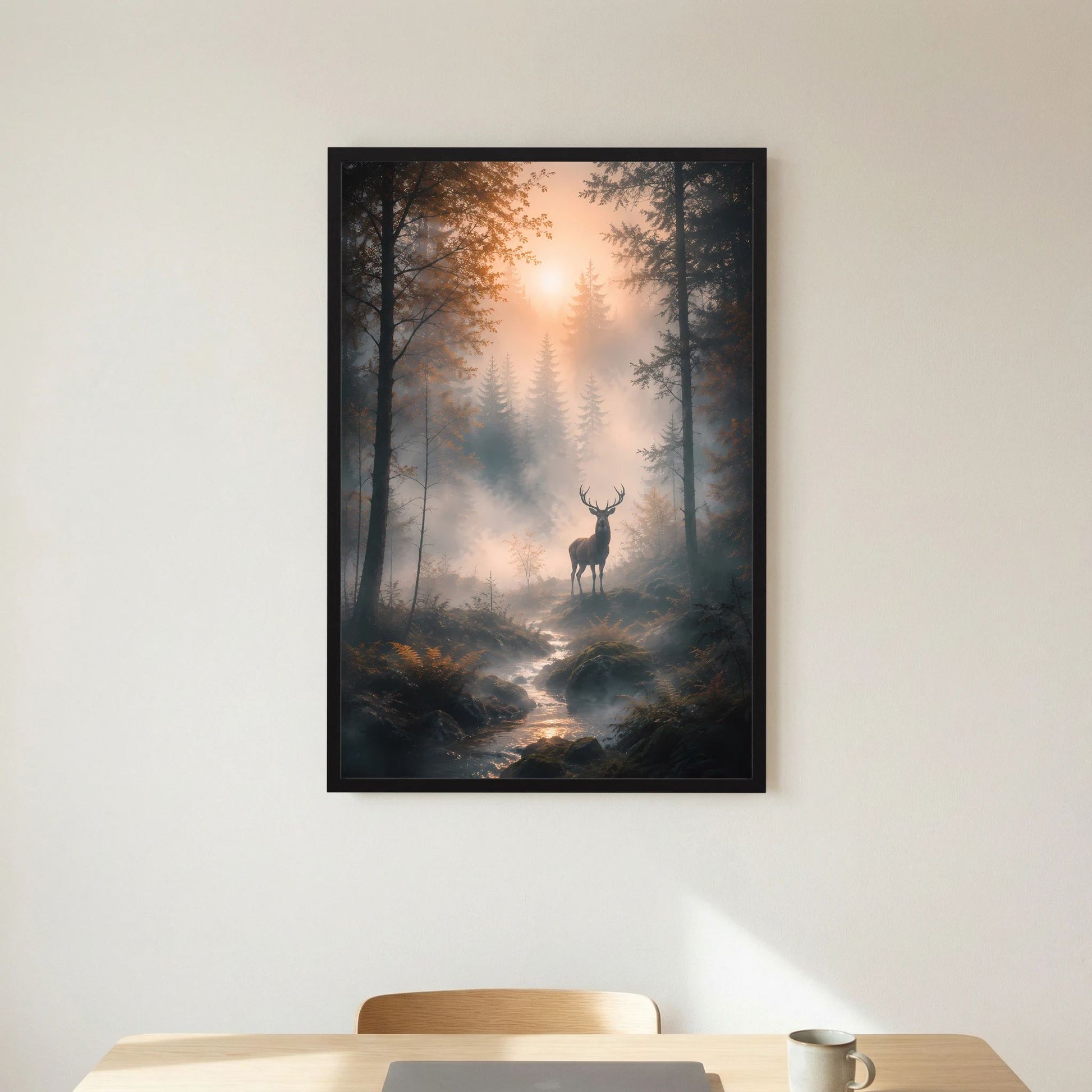 Kunstposter im Hochformat: Hirsch im Nebelwald bei Sonnenaufgang, Waldweg und Bachlauf, schwarzer Rahmen