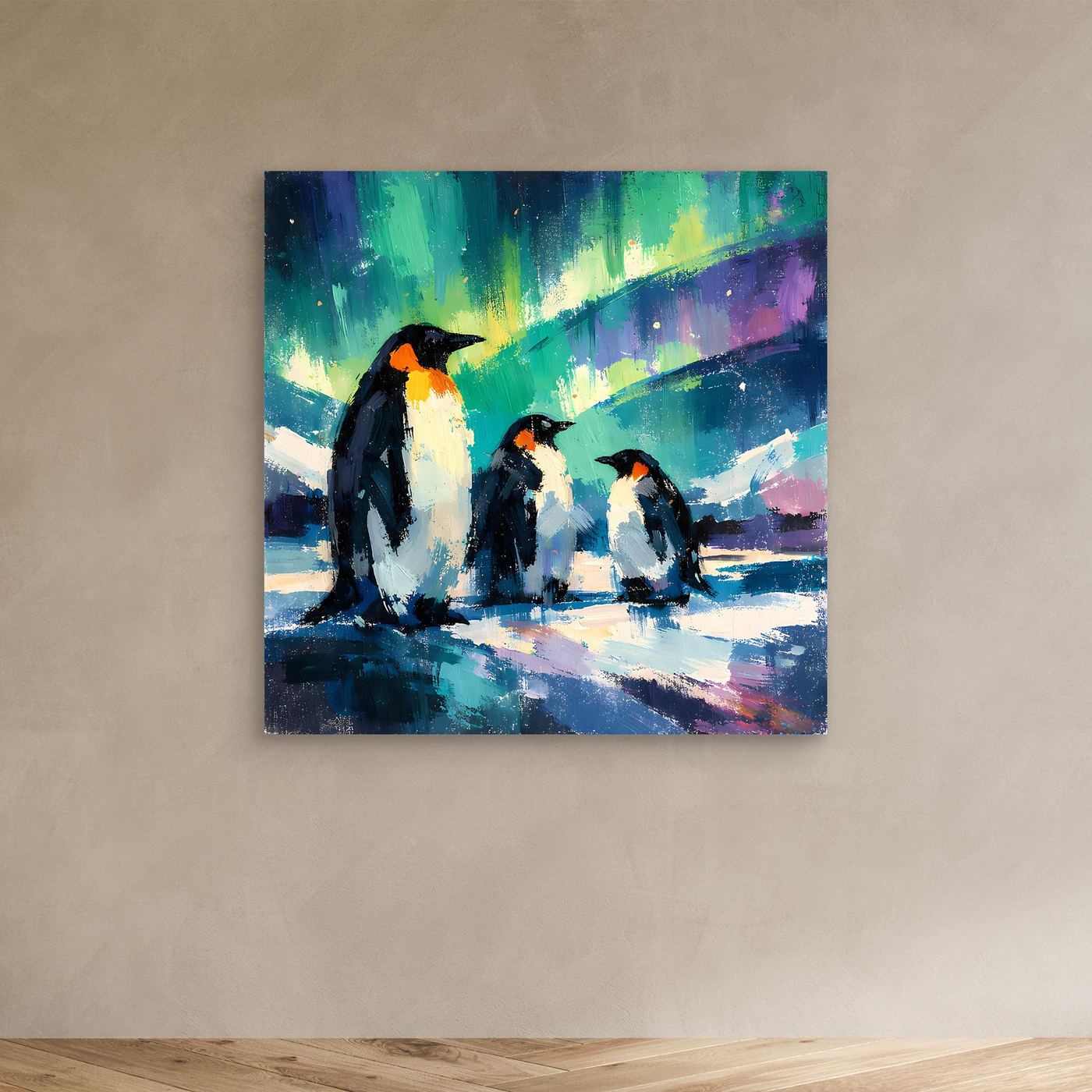 Leinwand Majestätische Pinguine unter Polarlichtern | Abstraktes Antarktis & Nordlicht Wandbild