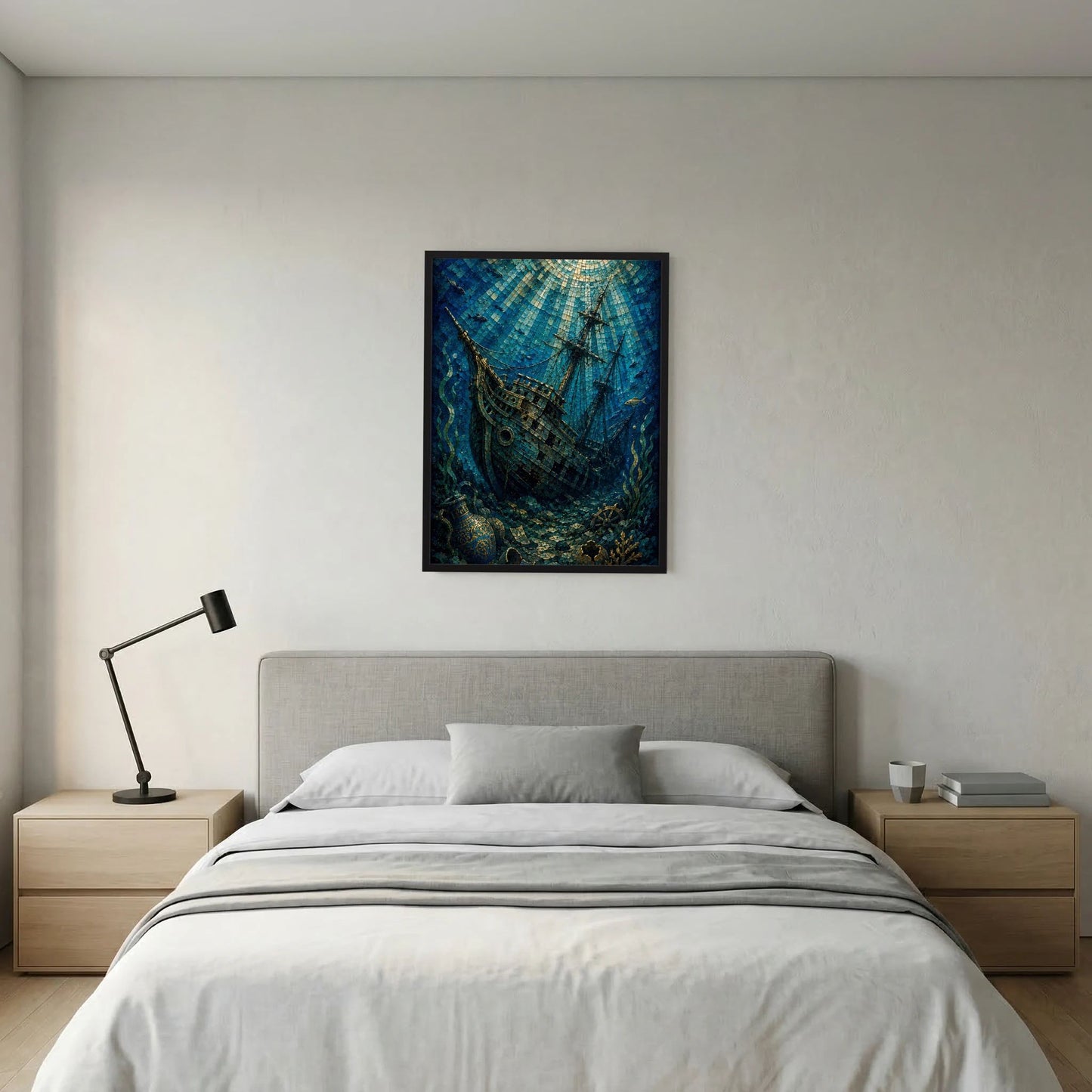 Poster im Hochformat mit versunkenem Segelschiff-Motiv im Mosaikstil, blaugrün und gold, schwarzer Rahmen
