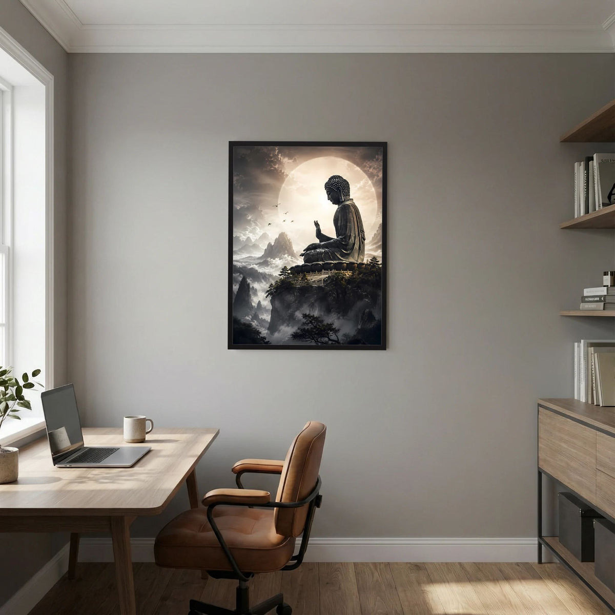 Poster mit sitzendem Buddha über Wolken, schwarz gerahmt, Hochformat