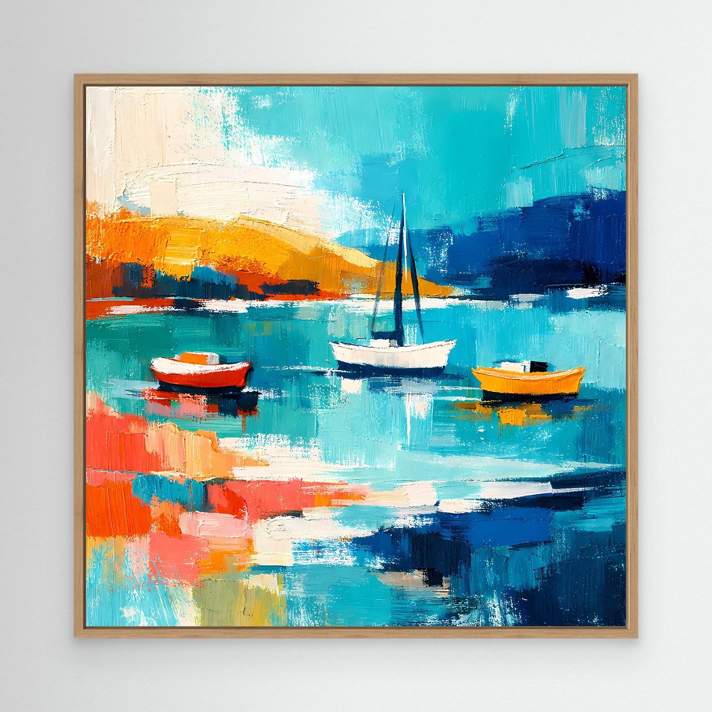 Abstract sailboat wall art with oak wood frame, teal and blue boats and reflections