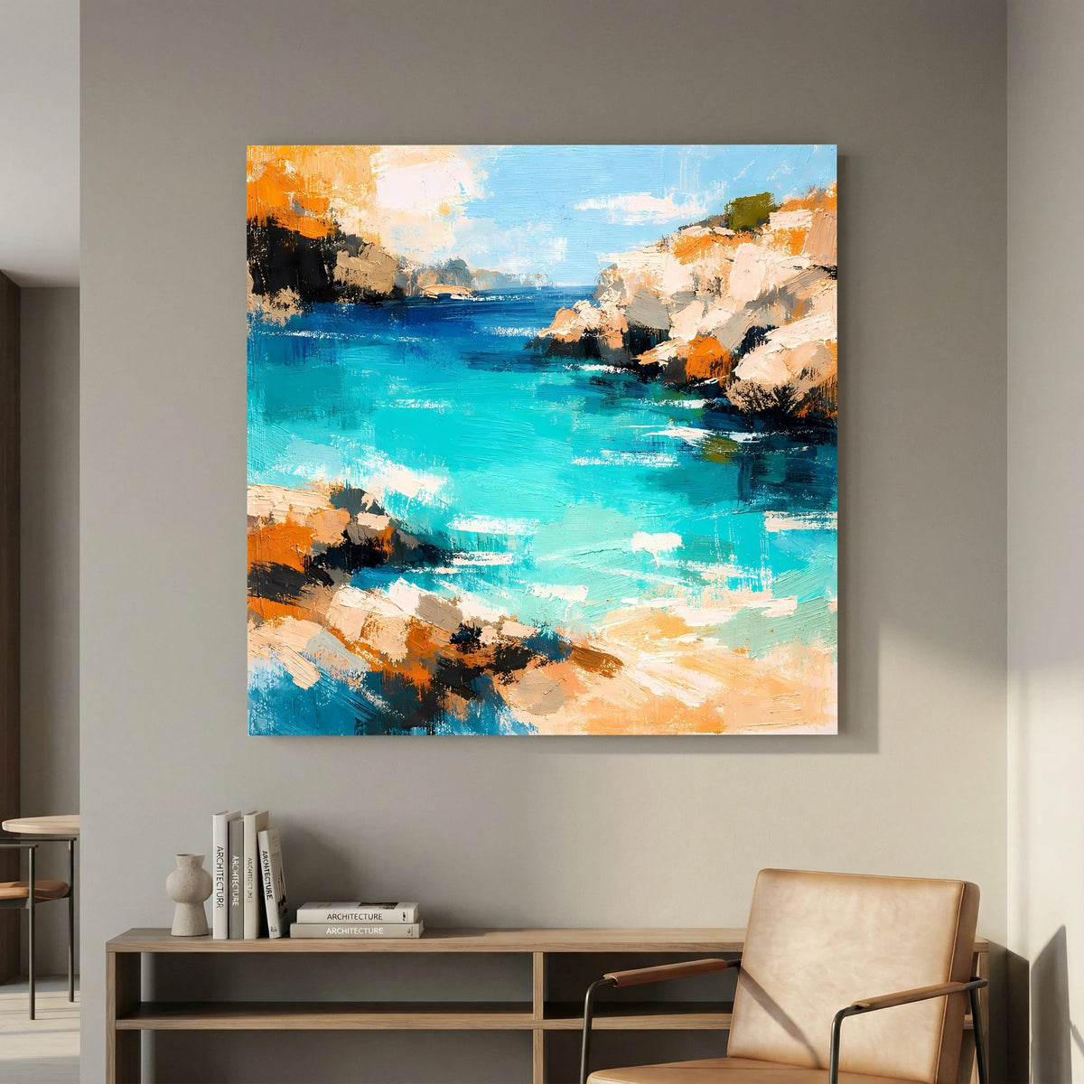 Abstraktes Wandbild Klippenbucht über einer Konsole: türkisblaues Wasser, orange Felsflächen