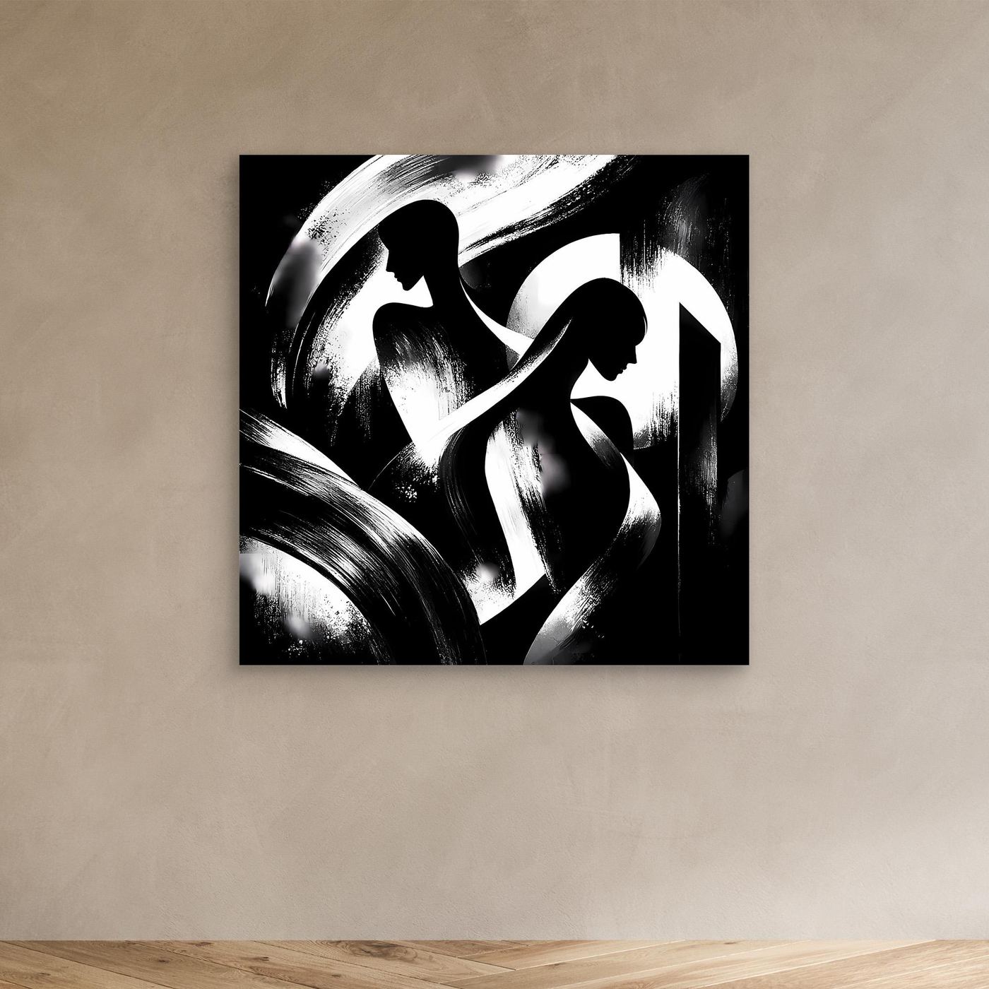 Abstraktes Leinwand-Wandbild mit schwarzweißen Silhouetten, quadratisch