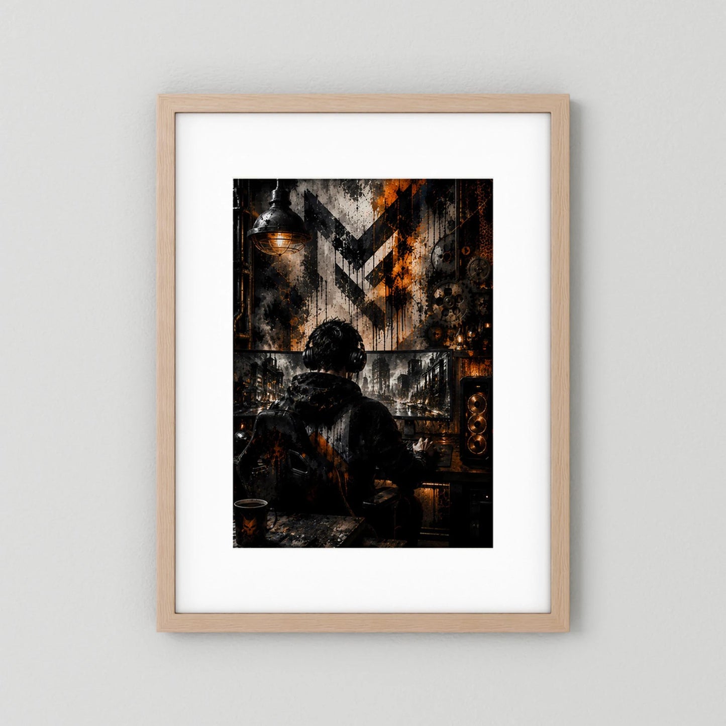 Gamer am PC in Schwarz & Orange | Industrial Gaming Art | Poster Hochformat