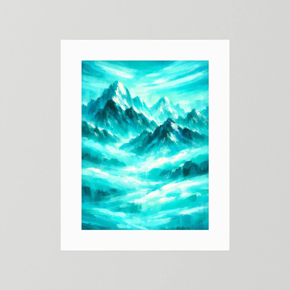 Wandbild im Hochformat mit abstrakter türkisweißer Berglandschaft ohne Außenrahmen