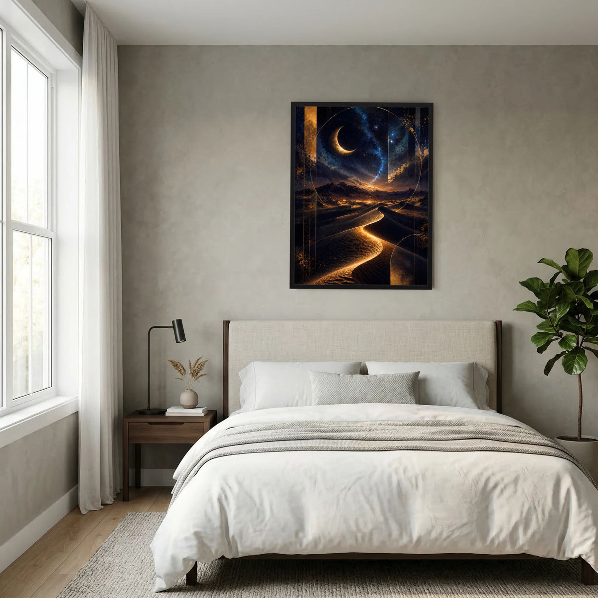 Hochformatiges Poster mit Mondsichel am Himmel, Wüstendünen und goldenem Lichtweg