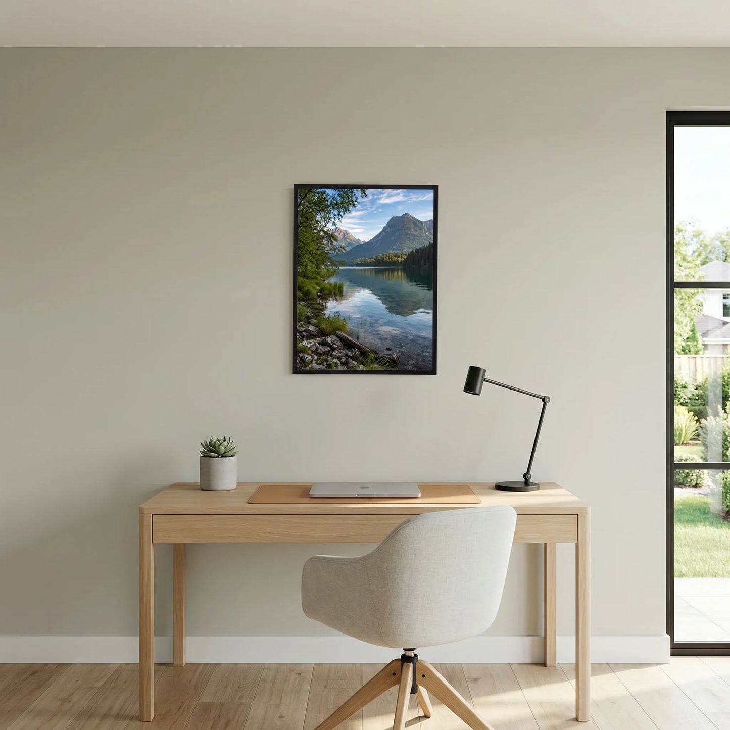 Poster im schwarzen Rahmen mit Alpensee und Bergen über einem Holztisch mit Lampe