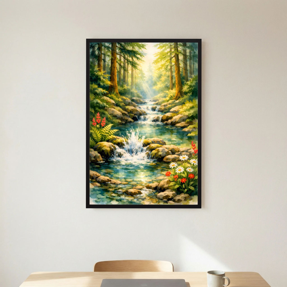 Poster mit Waldidylle und Wasserfall im Hochformat, schwarzer Rahmen