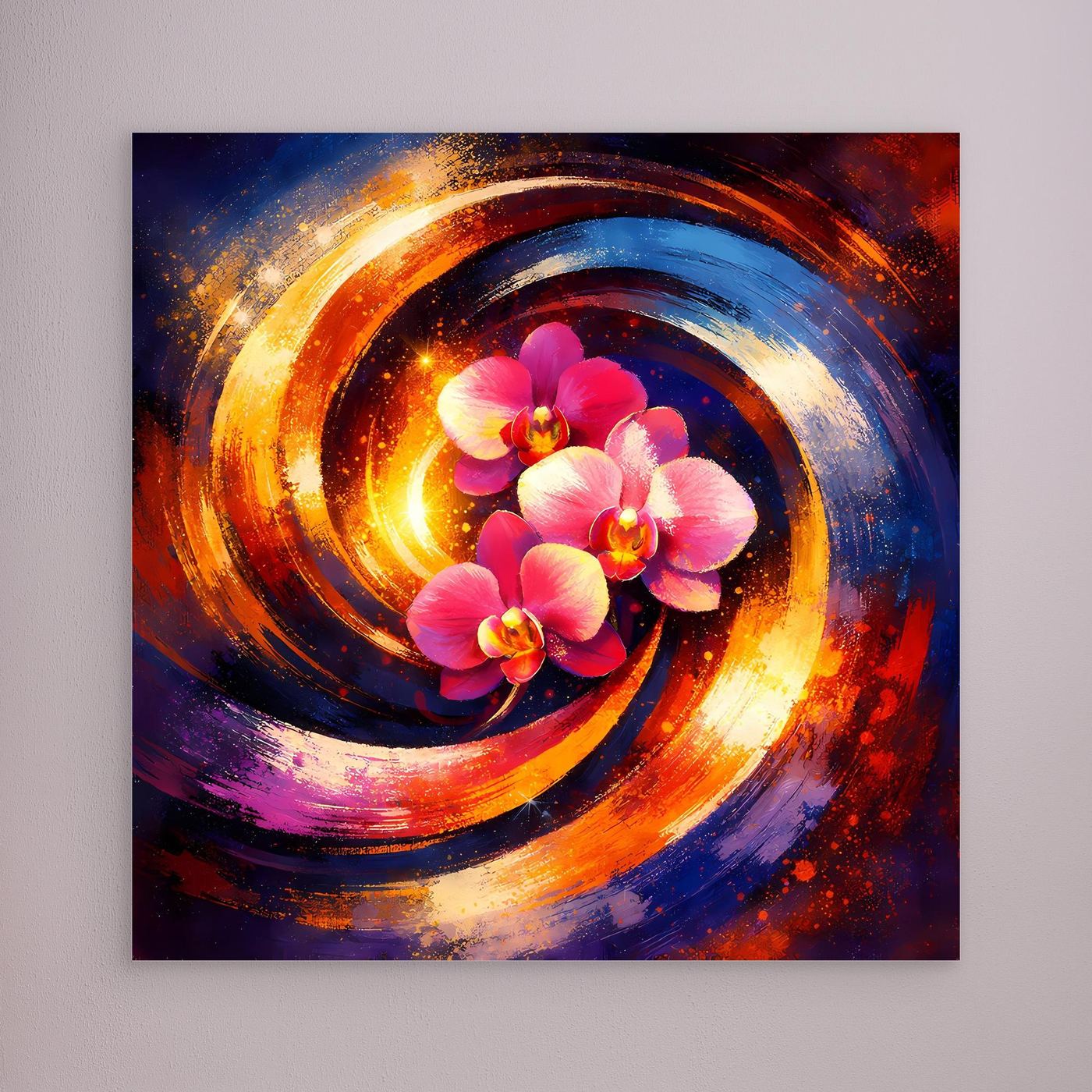 Abstraktes Blumen-Leinwandbild mit pinken Orchideen und bunten Spiralwirbeln, ohne sichtbaren Rahmen
