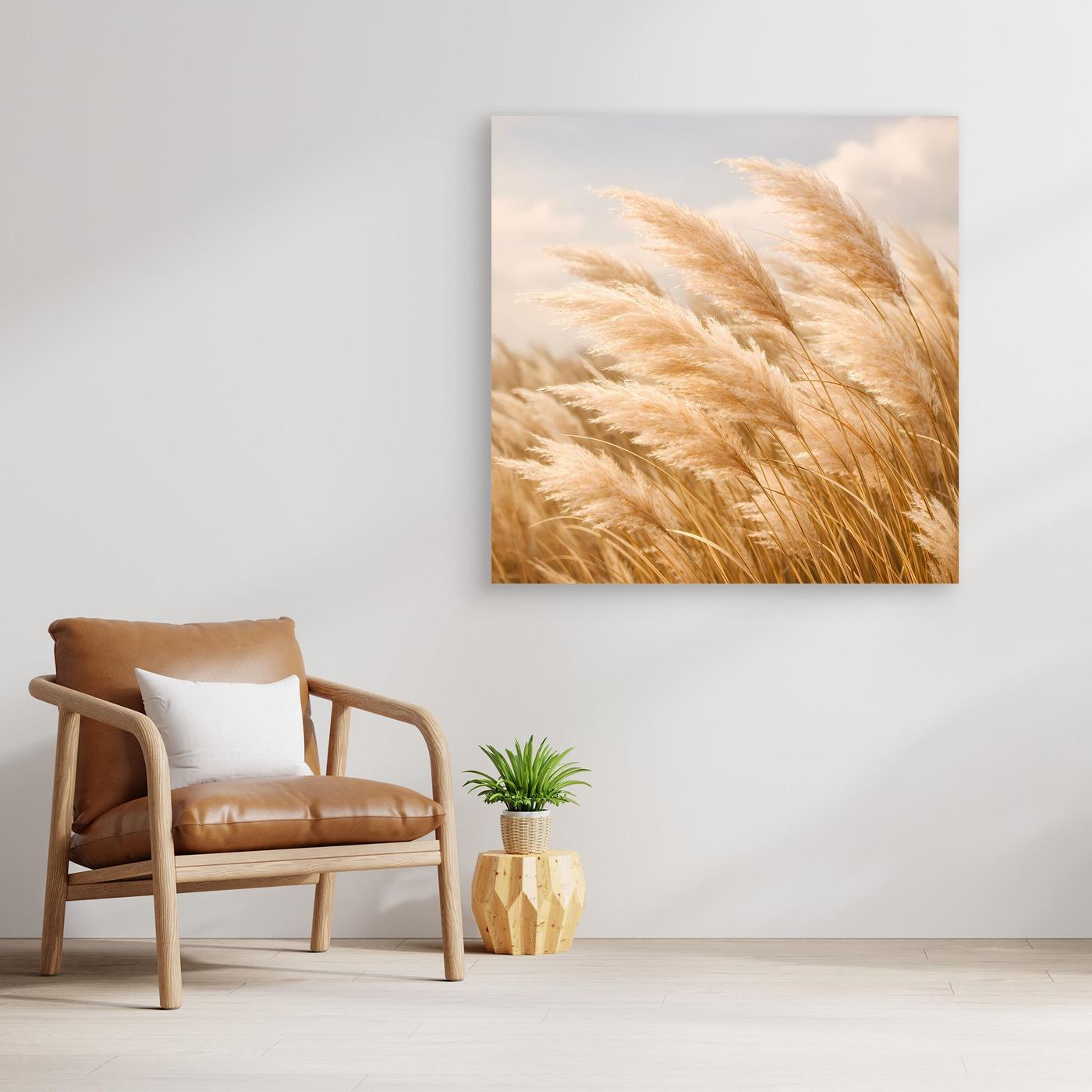 Leinwandbild mit wehenden Pampasgräsern, quadratisch, in Naturtönen