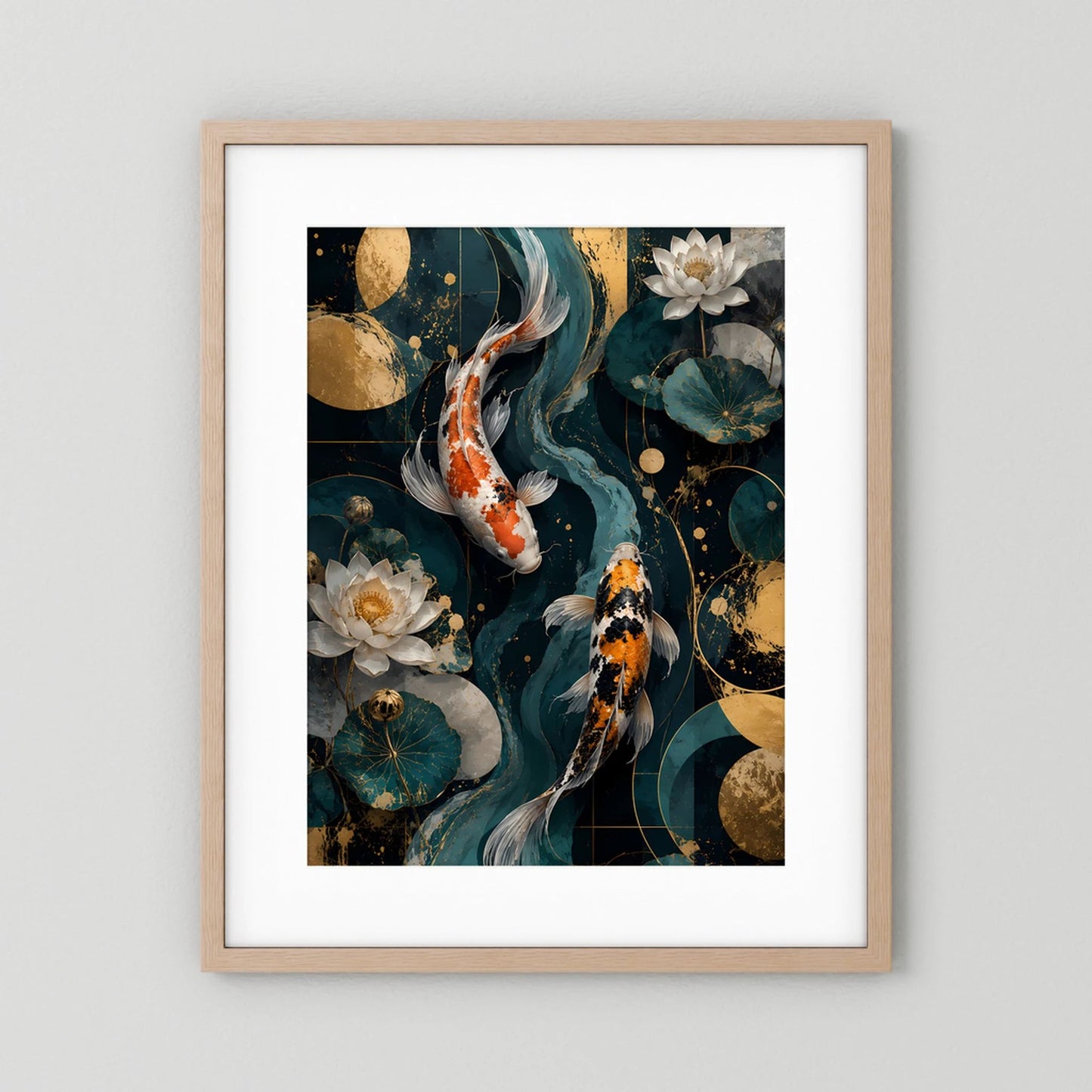 Naturholzrahmen-Poster im Hochformat: Koi-Fische mit weißen Lotusblüten