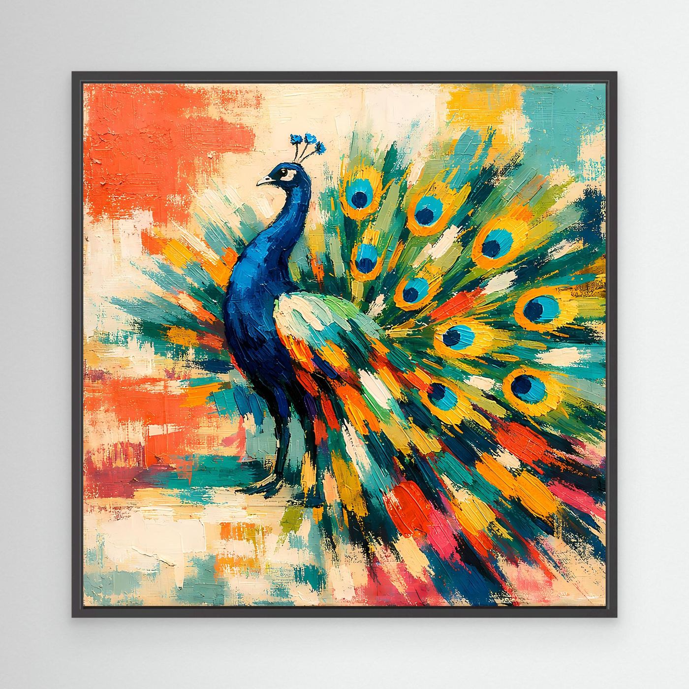 Peacock canvas wall art with colorful fan feathers, black frame