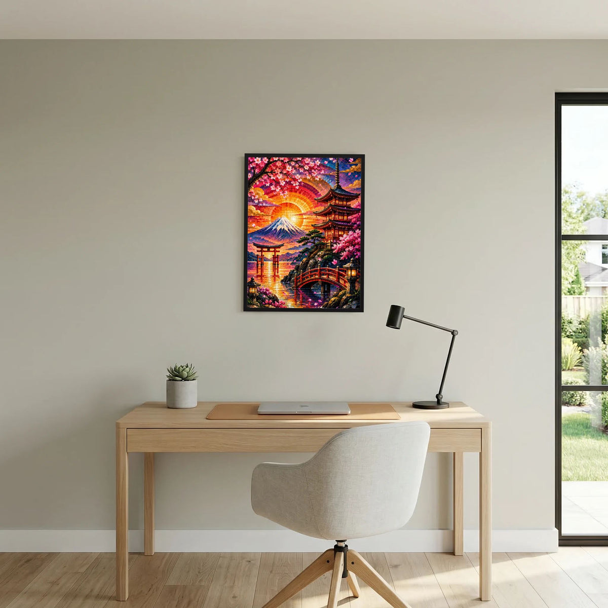 Wandposter im Hochformat mit schwarzem Rahmen, Mosaik-Landschaft mit Pagode und Sakura