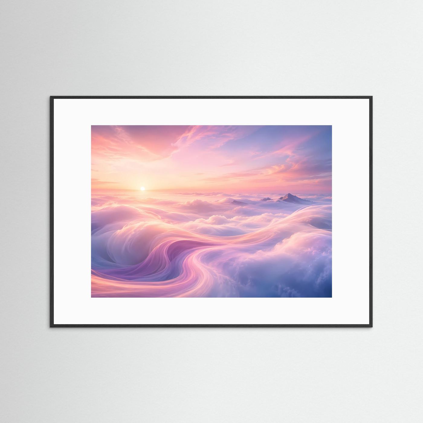 Poster im Querformat mit schwarzem Rahmen und weißem Passepartout, Wolken beim Sonnenaufgang.