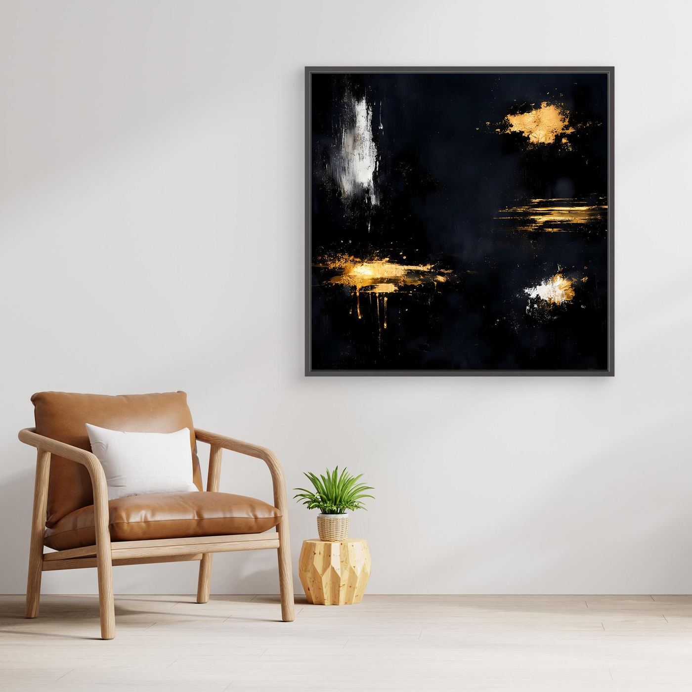 Leinwand Goldene Lichtakzente auf Schwarz | Modernes Abstraktes Minimalismus Wandbild