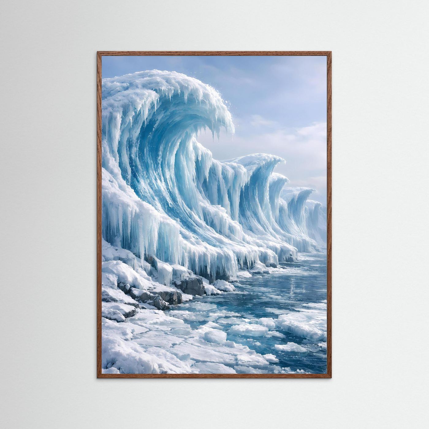 Hochformatiges Eislandschafts-Poster im braunen Rahmen, blaue Eiskaskaden auf Schnee