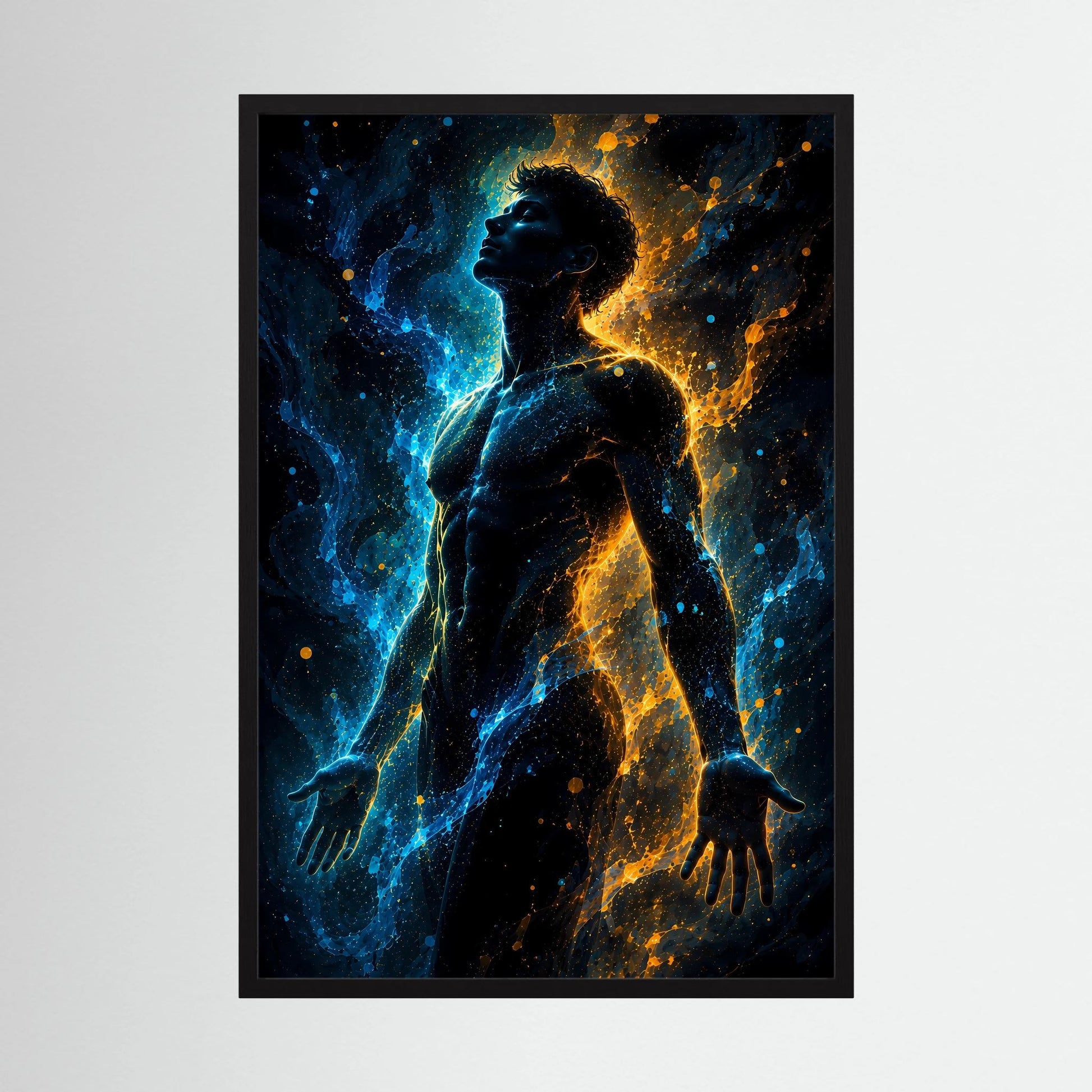 Hochformat-Poster mit männlicher Silhouette, leuchtend blau-goldfarben, schwarzer Rahmen